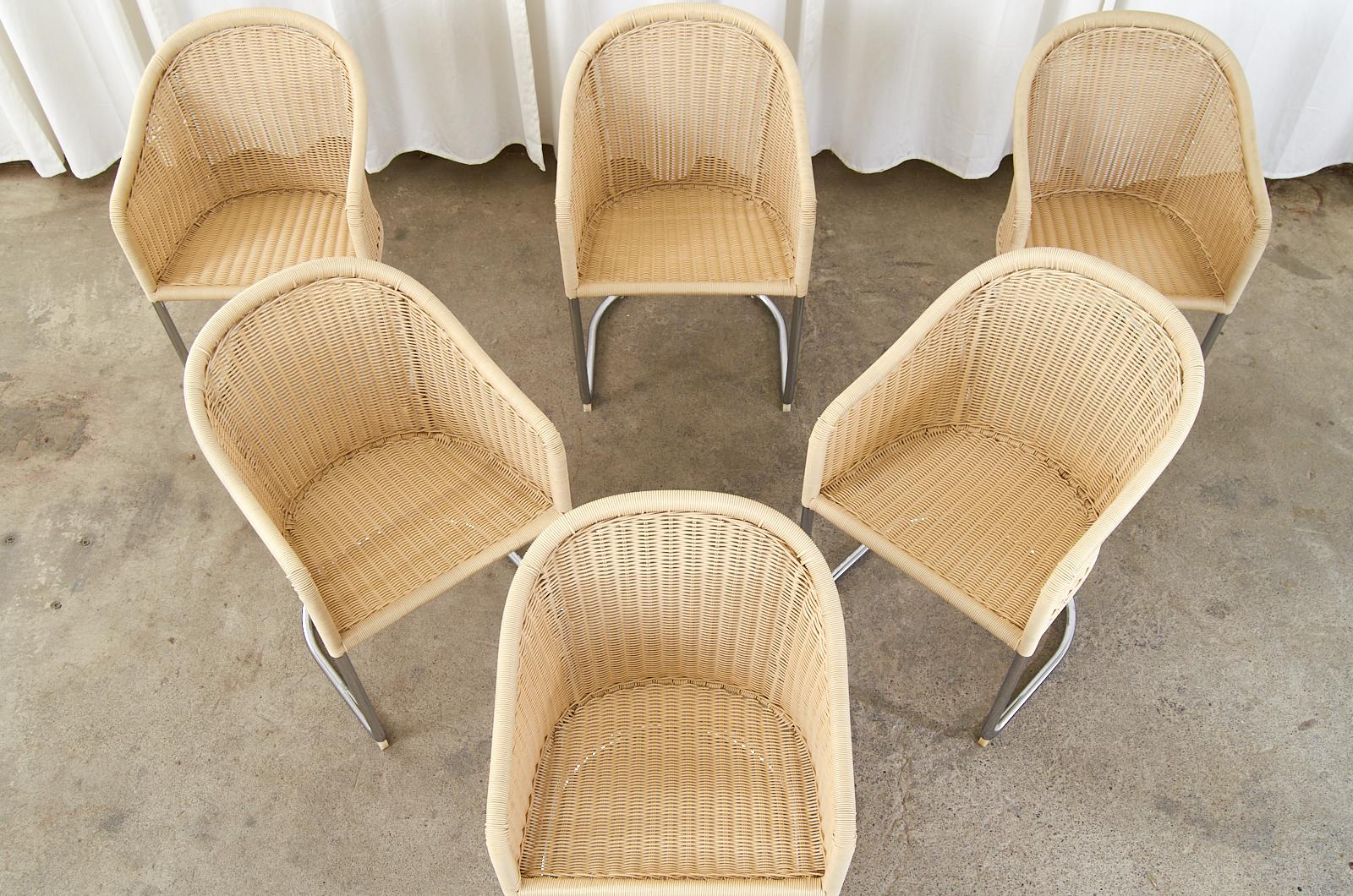 American Set of Six Harvey Probber Style Woven Basket Cantilever Chairs
