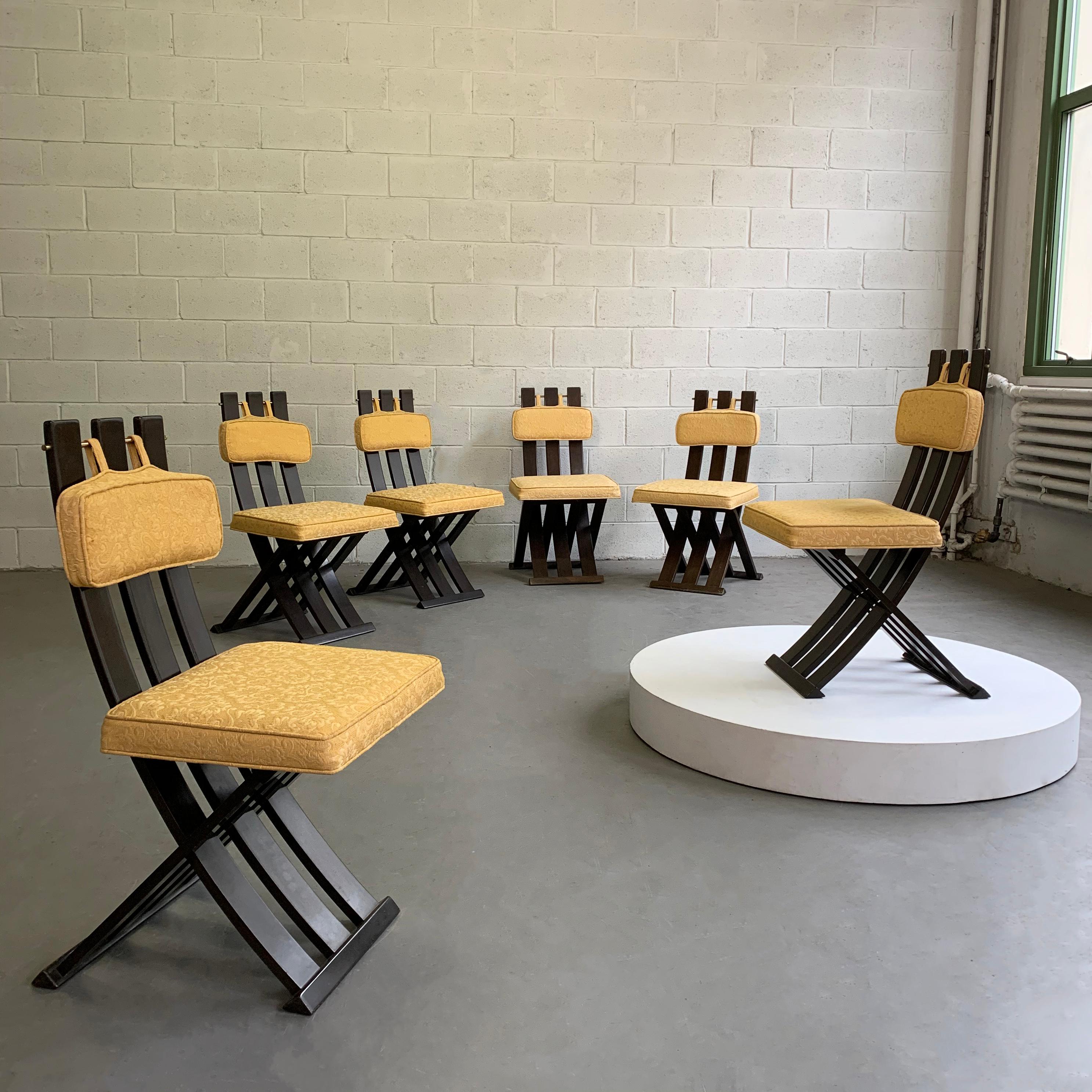 Set of six, Mid-Century Modern, dining chairs by Harvey Probber feature black lacquered, slat mahogany, intersecting, X-bases that look fantastic from all angles. The cushions are removeable. We show them in store without the back cushions.