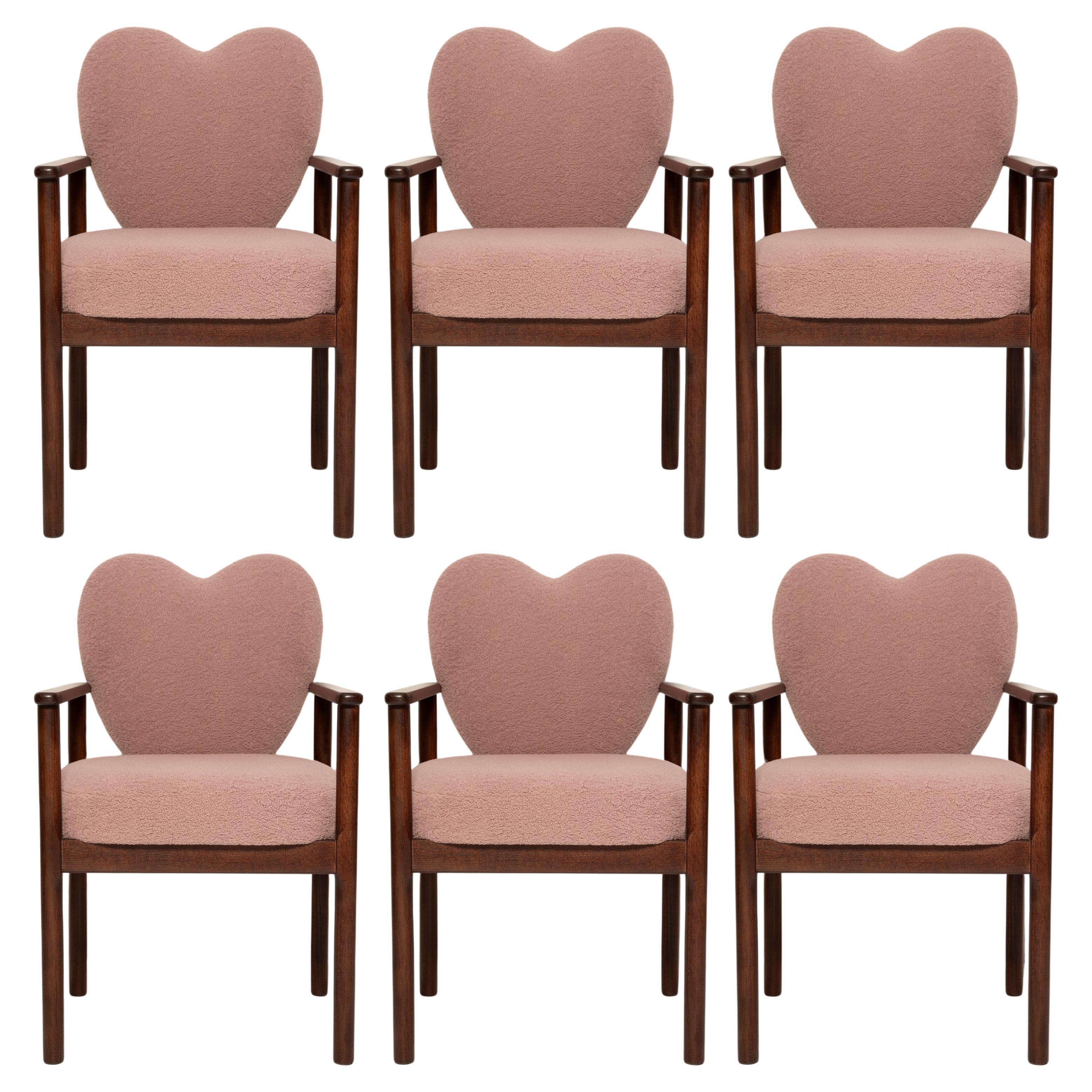 Set of Six Heart Dining Chairs, Pink Boucle, Vintola Studio, Europe, Poland