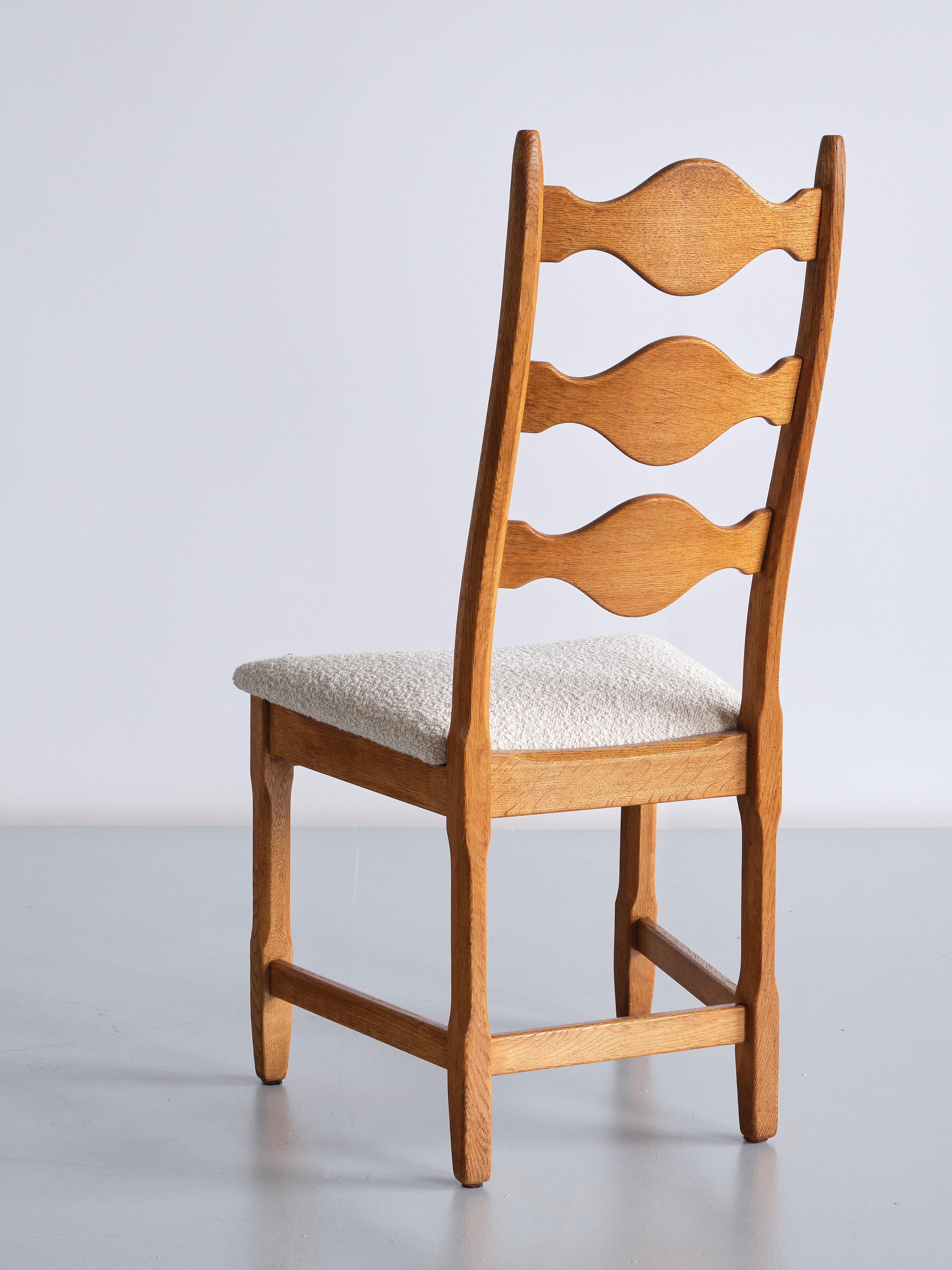 Set of Six Henning Kjærnulf Dining Chairs, Oak and Ivory Bouclé, Denmark, 1960s 2