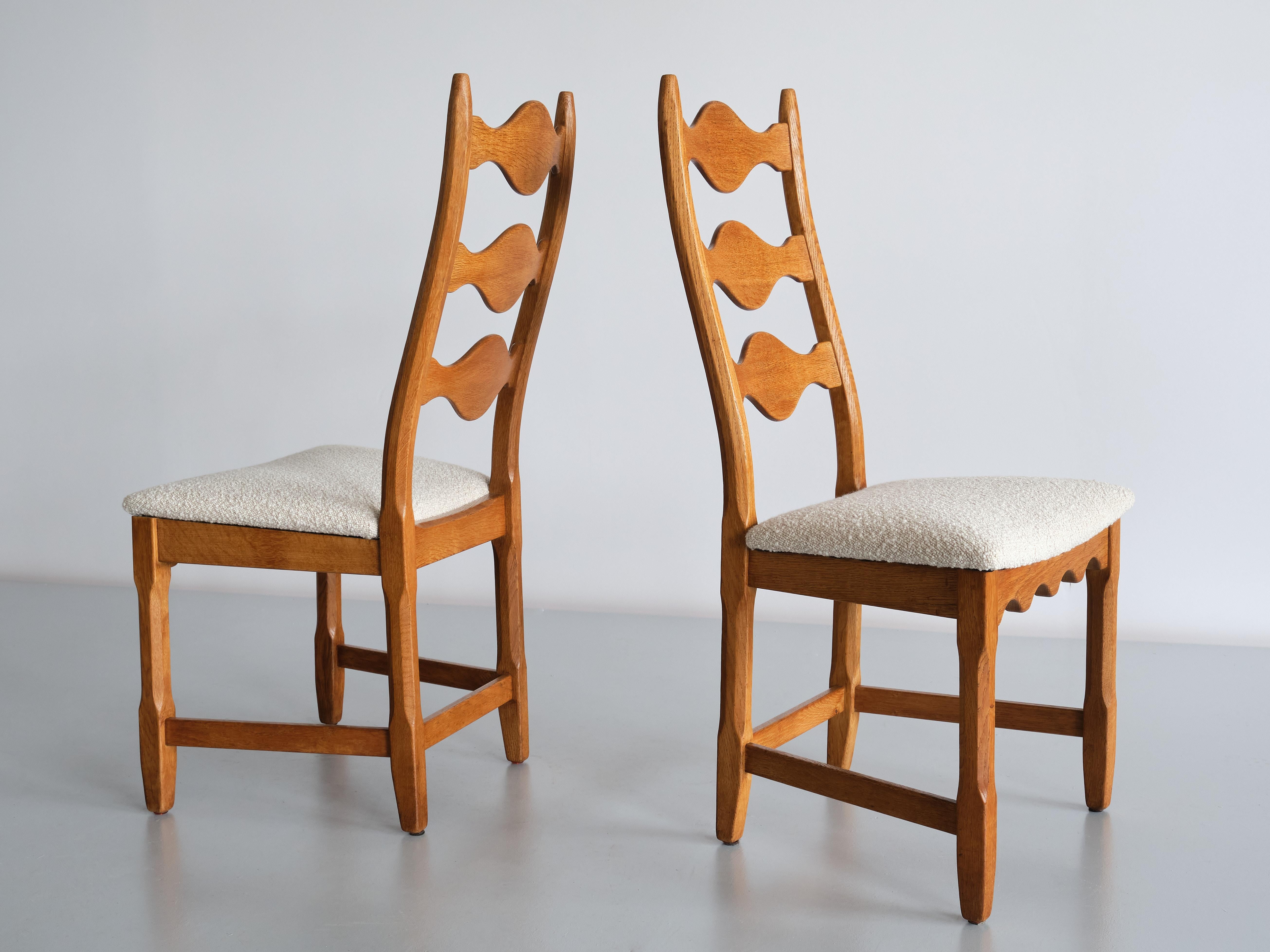 Set of Six Henning Kjærnulf Dining Chairs, Oak and Ivory Bouclé, Denmark, 1960s 3