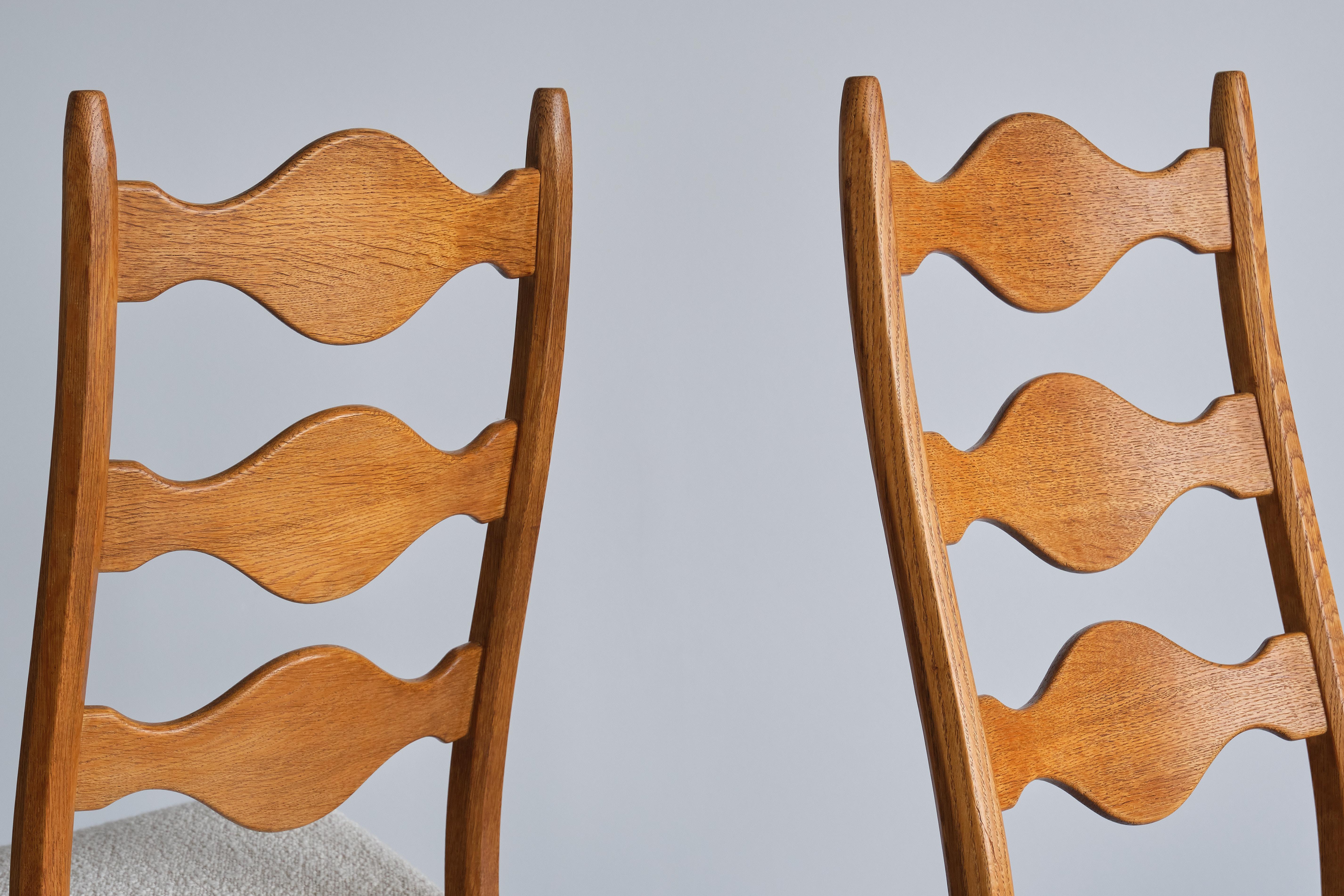 Set of Six Henning Kjærnulf Dining Chairs, Oak and Ivory Bouclé, Denmark, 1960s 4