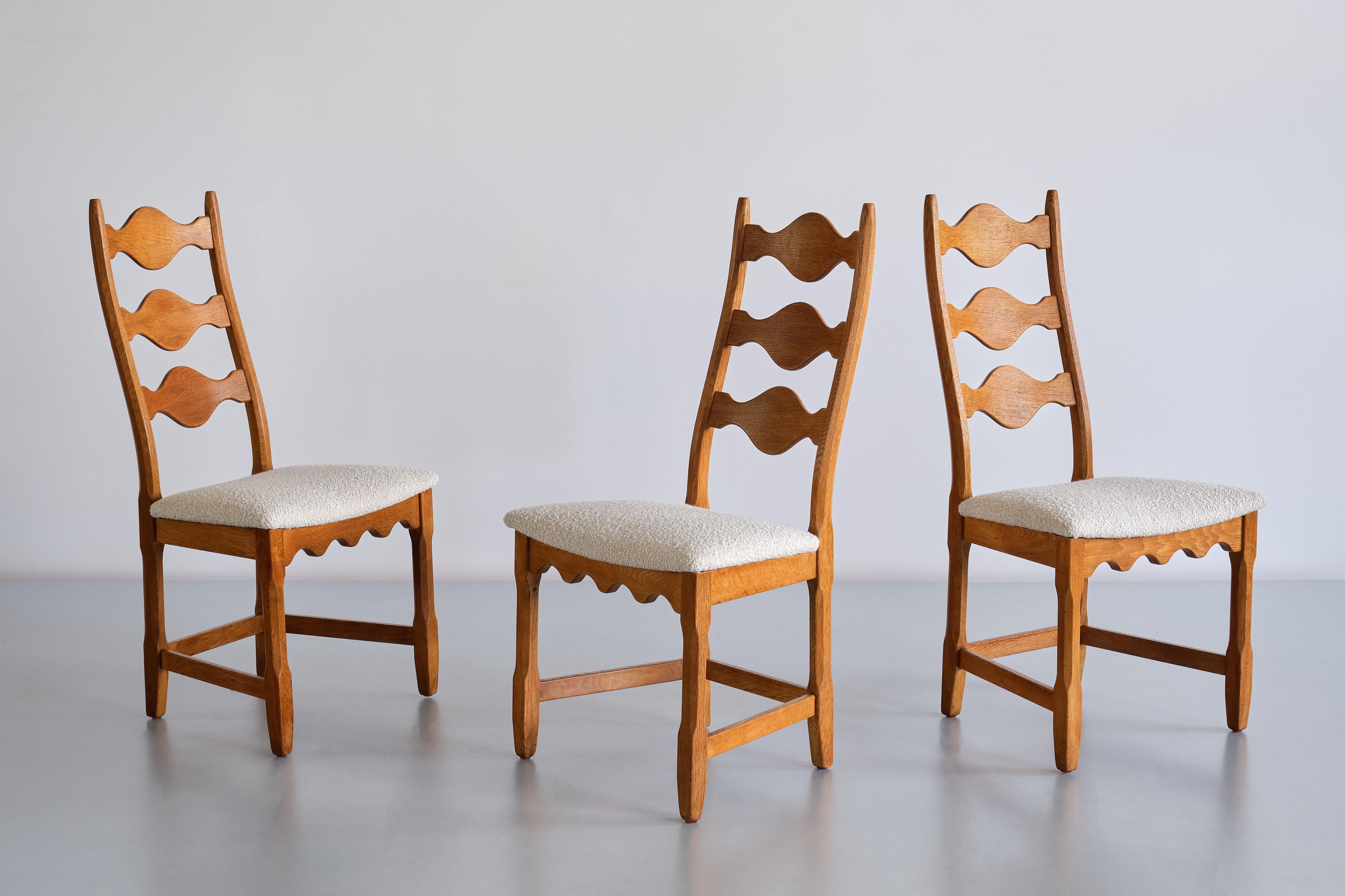 Set of Six Henning Kjærnulf Dining Chairs, Oak and Ivory Bouclé, Denmark, 1960s 6