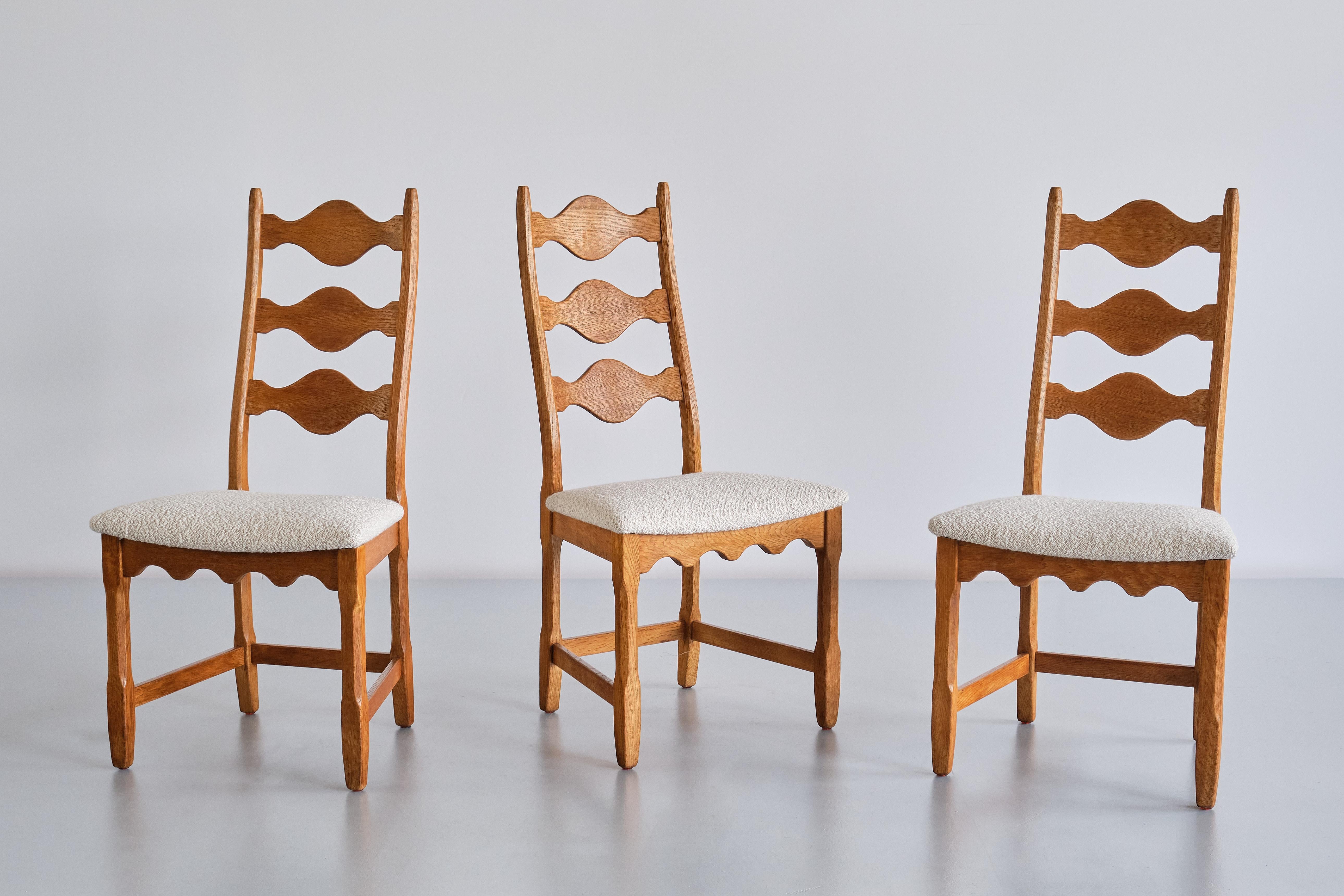 Set of Six Henning Kjærnulf Dining Chairs, Oak and Ivory Bouclé, Denmark, 1960s 7