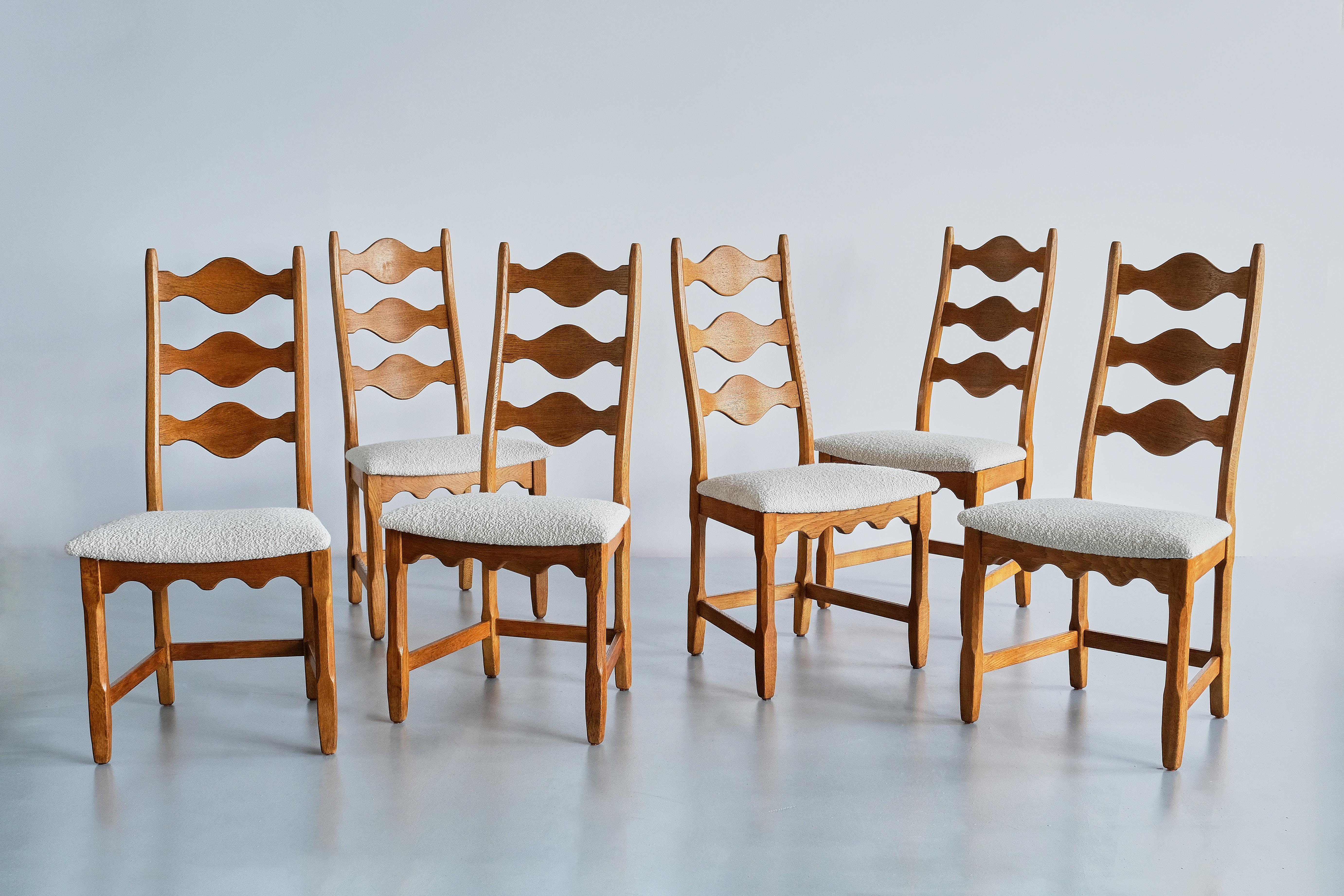 Set of Six Henning Kjærnulf Dining Chairs, Oak and Ivory Bouclé, Denmark, 1960s 8