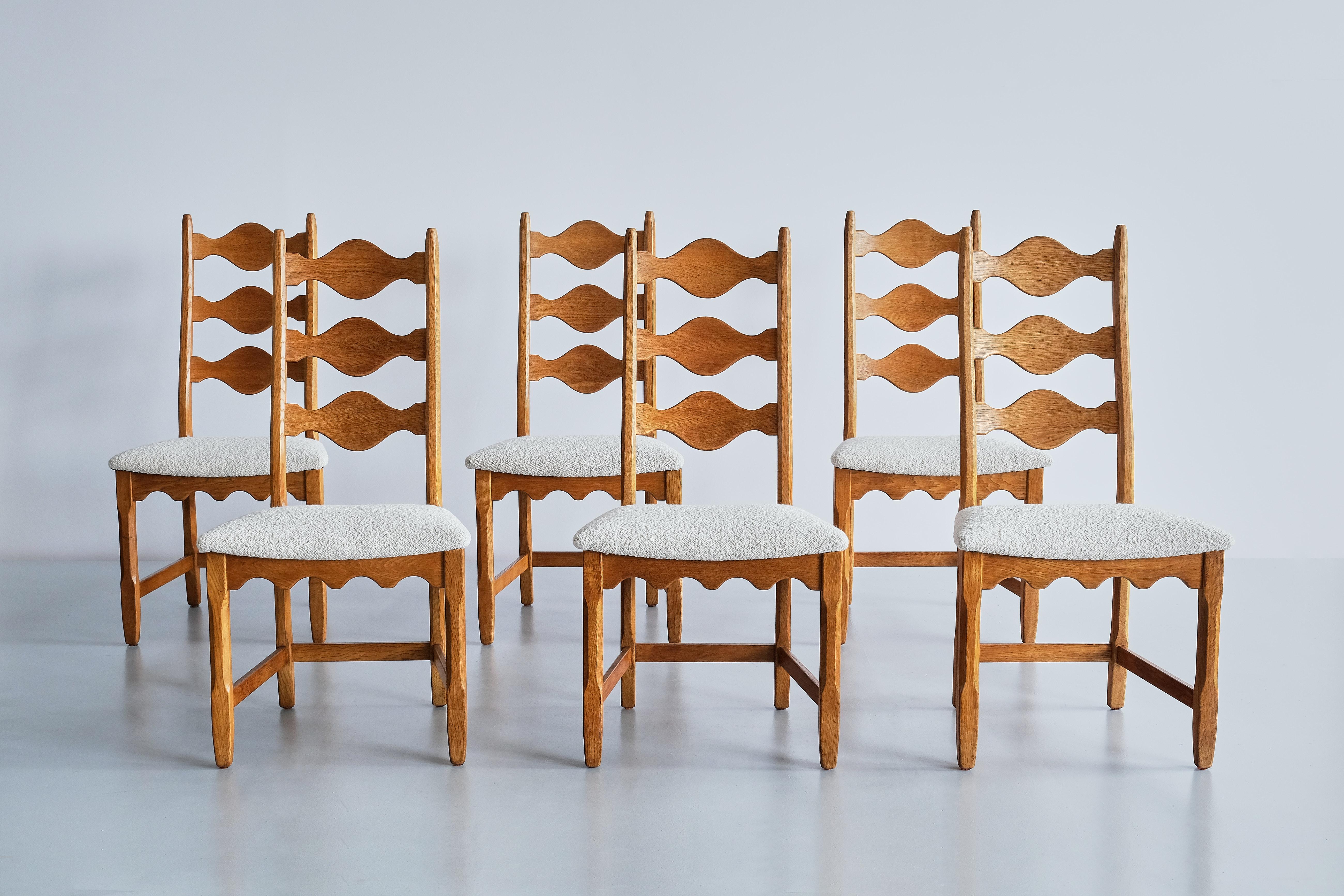 This striking set of six dining chairs was designed by Henning (Henry) Kjærnulf in the 1960s. The chairs were produced by Nyrup Møbelfabrik in Denmark and form a rare variant on Kjærnulf 'Razorblade' series.

We also have a matching second set of 6