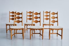 Set of Six Henning Kjærnulf Dining Chairs, Oak and Ivory Bouclé, Denmark, 1960s