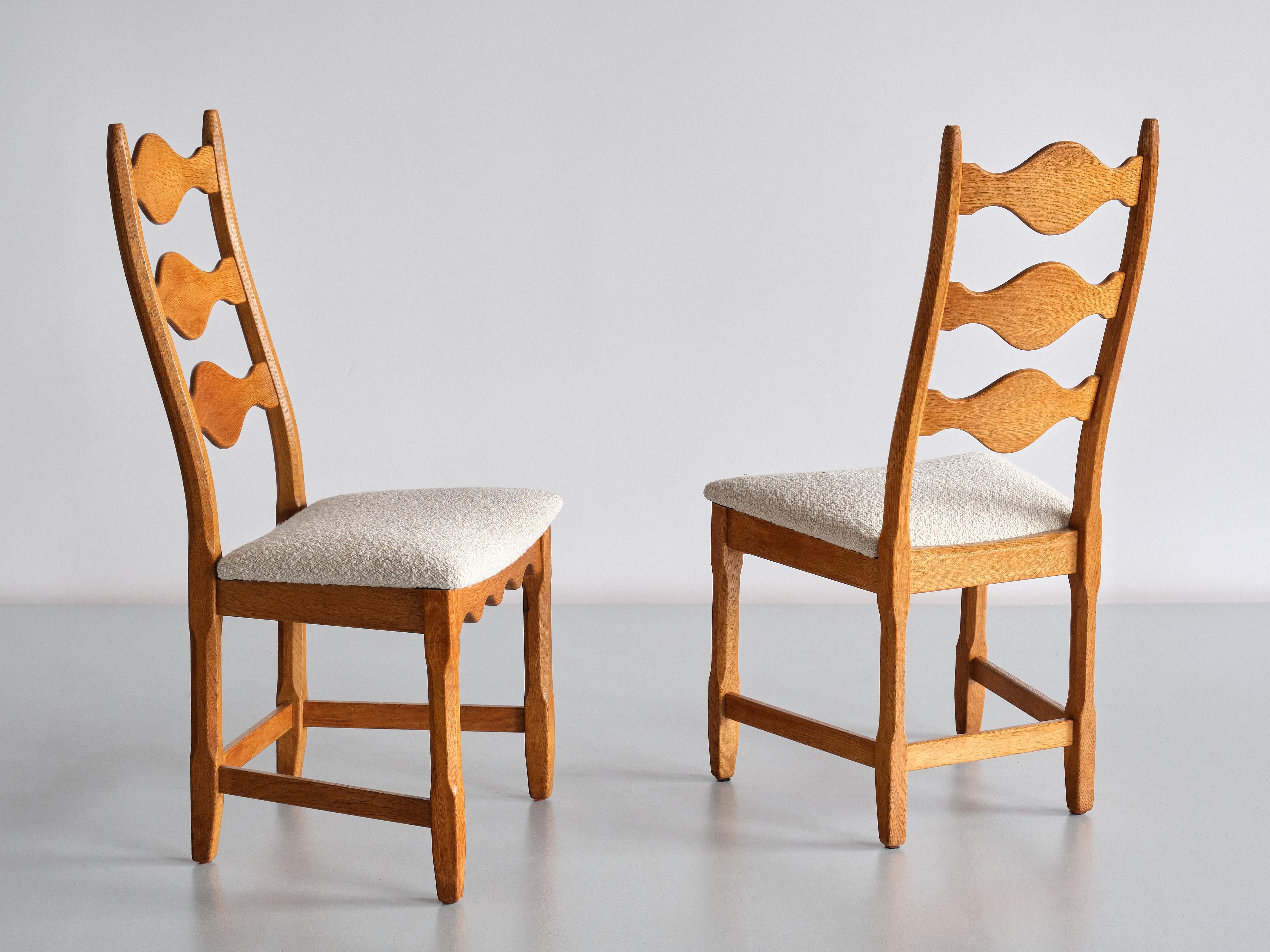 Scandinavian Modern Set of Six Henning Kjærnulf Dining Chairs, Oak and Ivory Bouclé, Denmark, 1960s