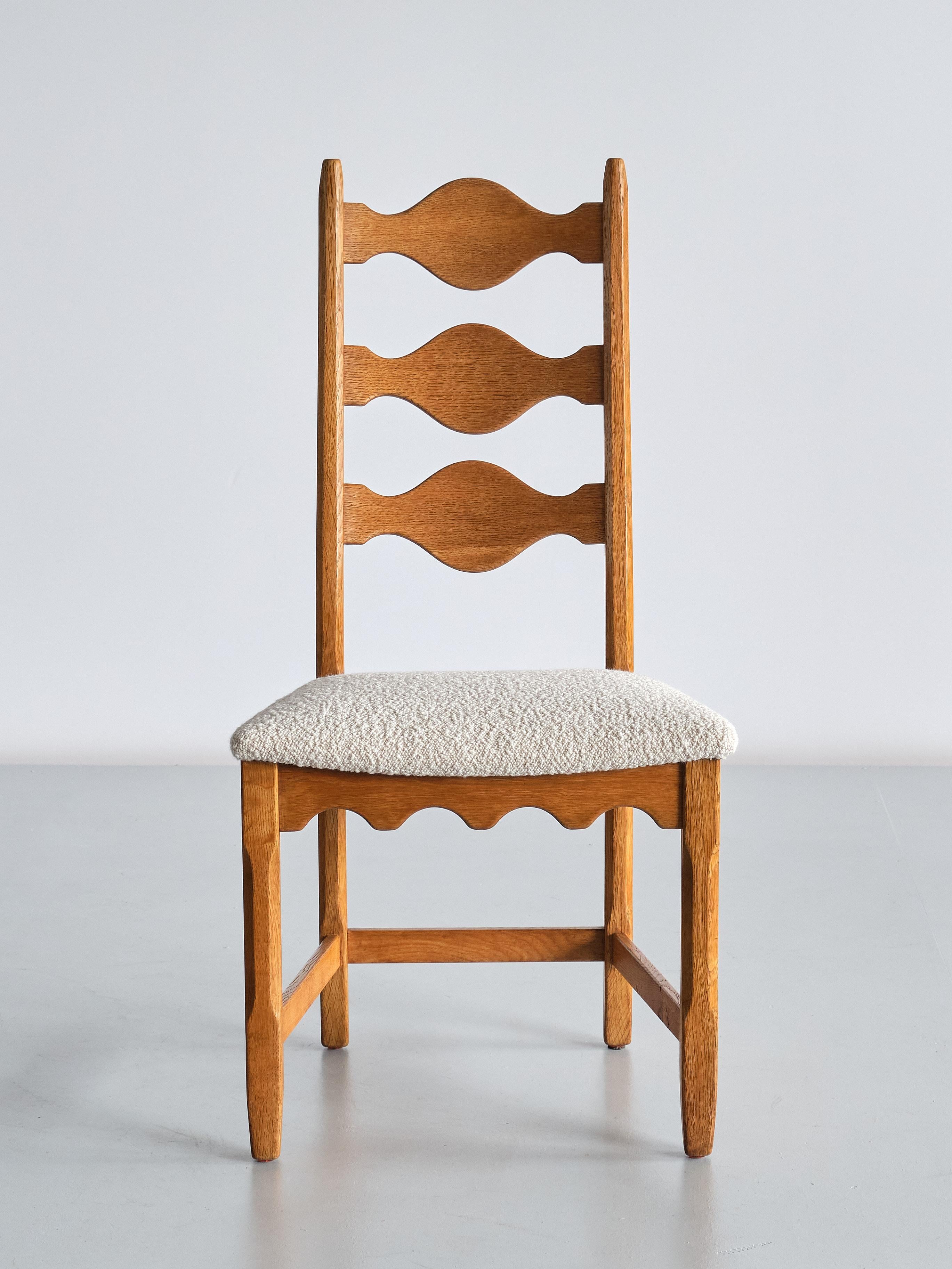 Danish Set of Six Henning Kjærnulf Dining Chairs, Oak and Ivory Bouclé, Denmark, 1960s