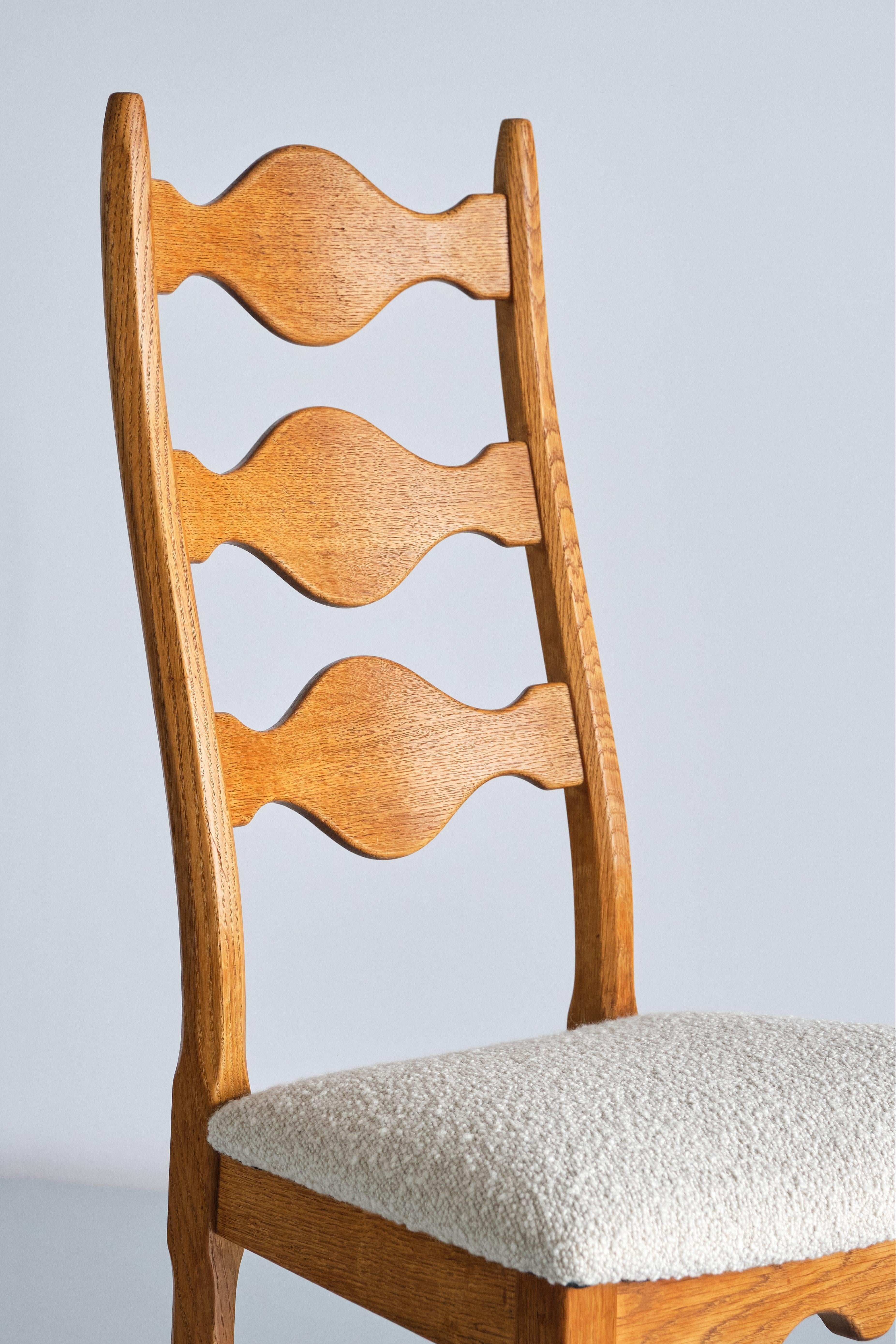 Mid-20th Century Set of Six Henning Kjærnulf Dining Chairs, Oak and Ivory Bouclé, Denmark, 1960s