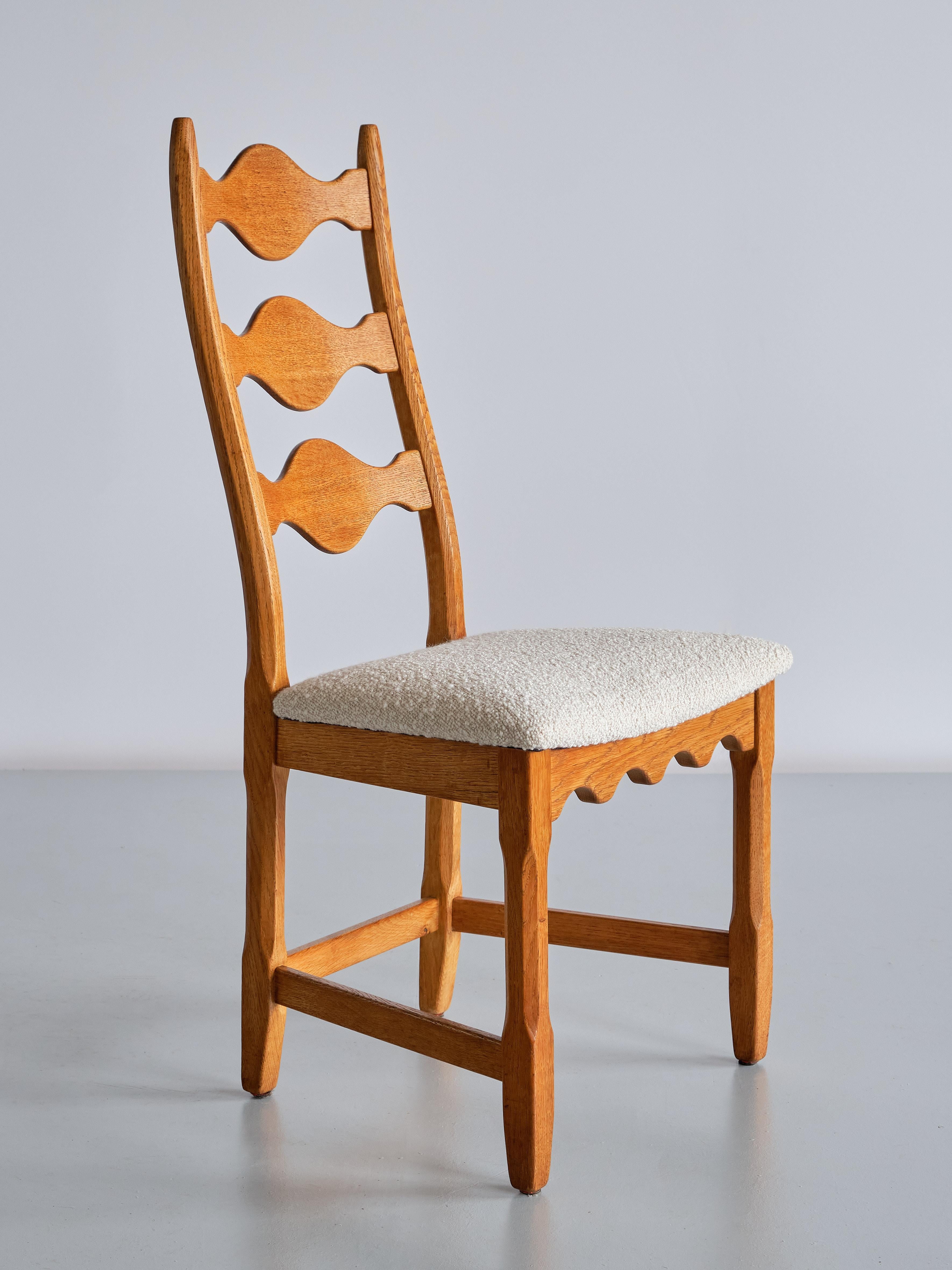 Fabric Set of Six Henning Kjærnulf Dining Chairs, Oak and Ivory Bouclé, Denmark, 1960s