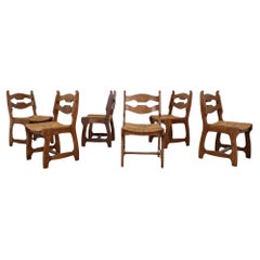 Set of Six Henning Kjaernulf Style Razorback Dining Chairs with Rush Seats