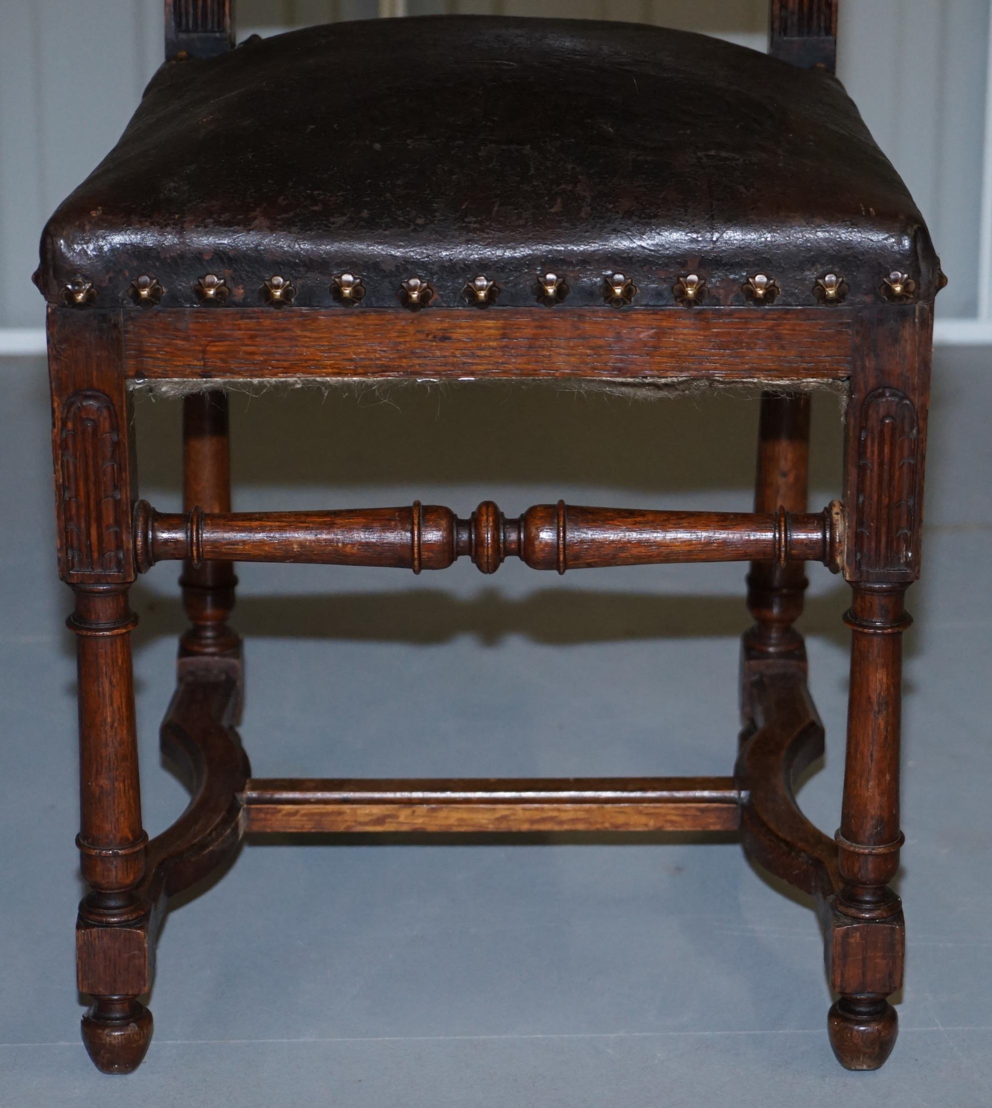 Set of Six Henry II circa 1880 French Oak & Embossed Leather Lion Dining Chairs For Sale 2