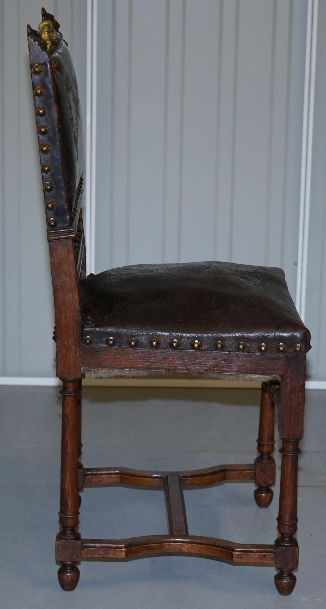 Set of Six Henry II circa 1880 French Oak & Embossed Leather Lion Dining Chairs For Sale 3