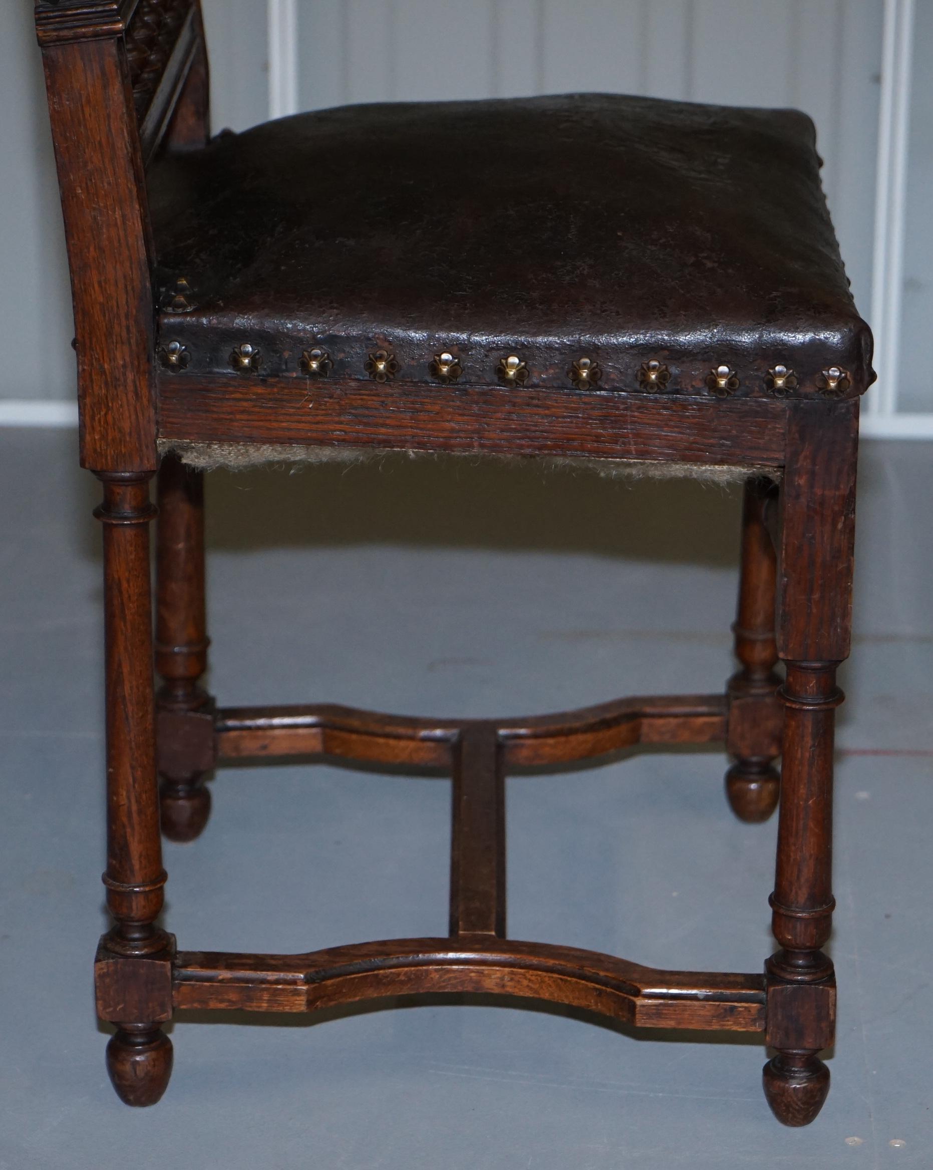 Set of Six Henry II circa 1880 French Oak & Embossed Leather Lion Dining Chairs For Sale 4
