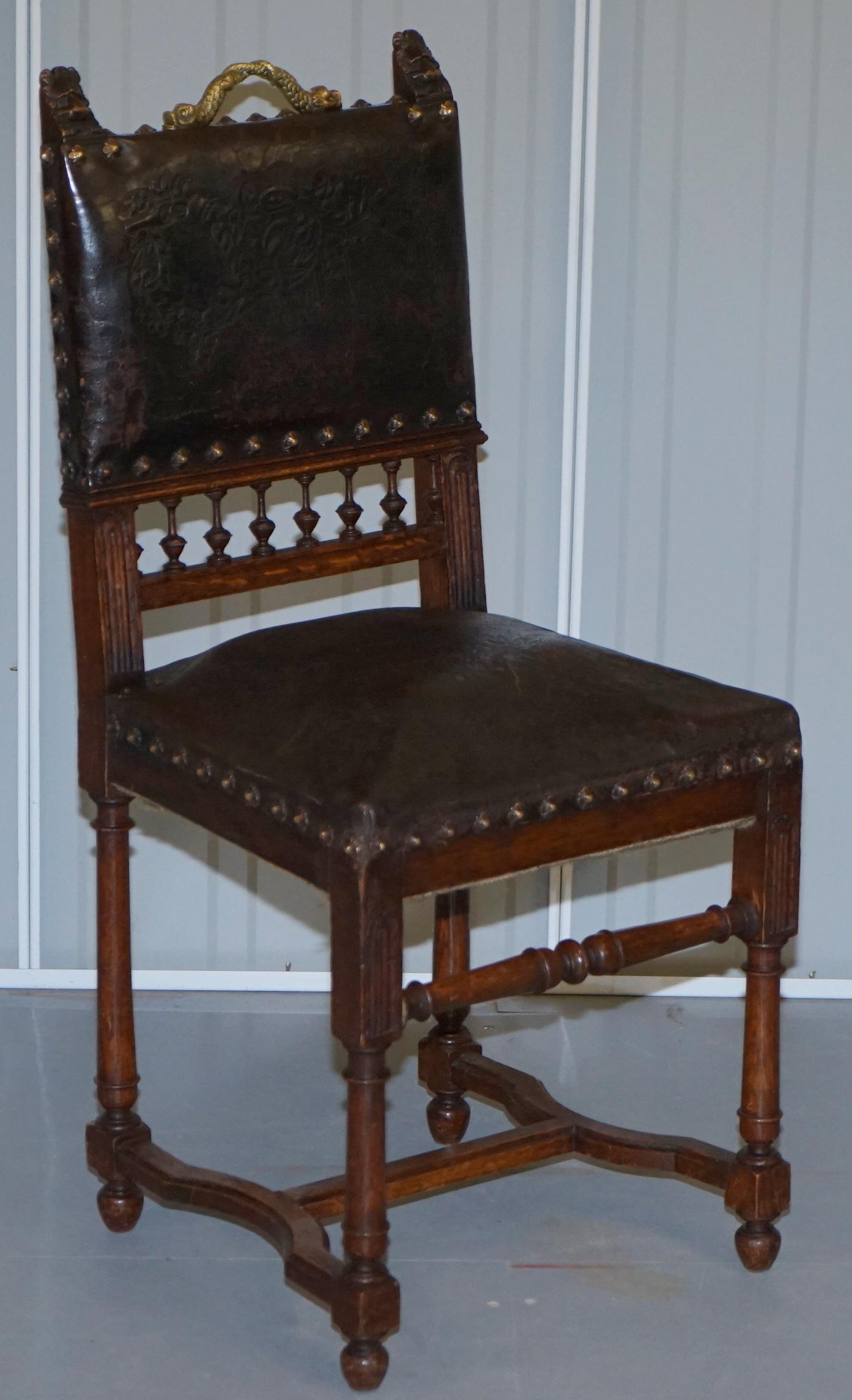 Set of Six Henry II circa 1880 French Oak & Embossed Leather Lion Dining Chairs For Sale 6