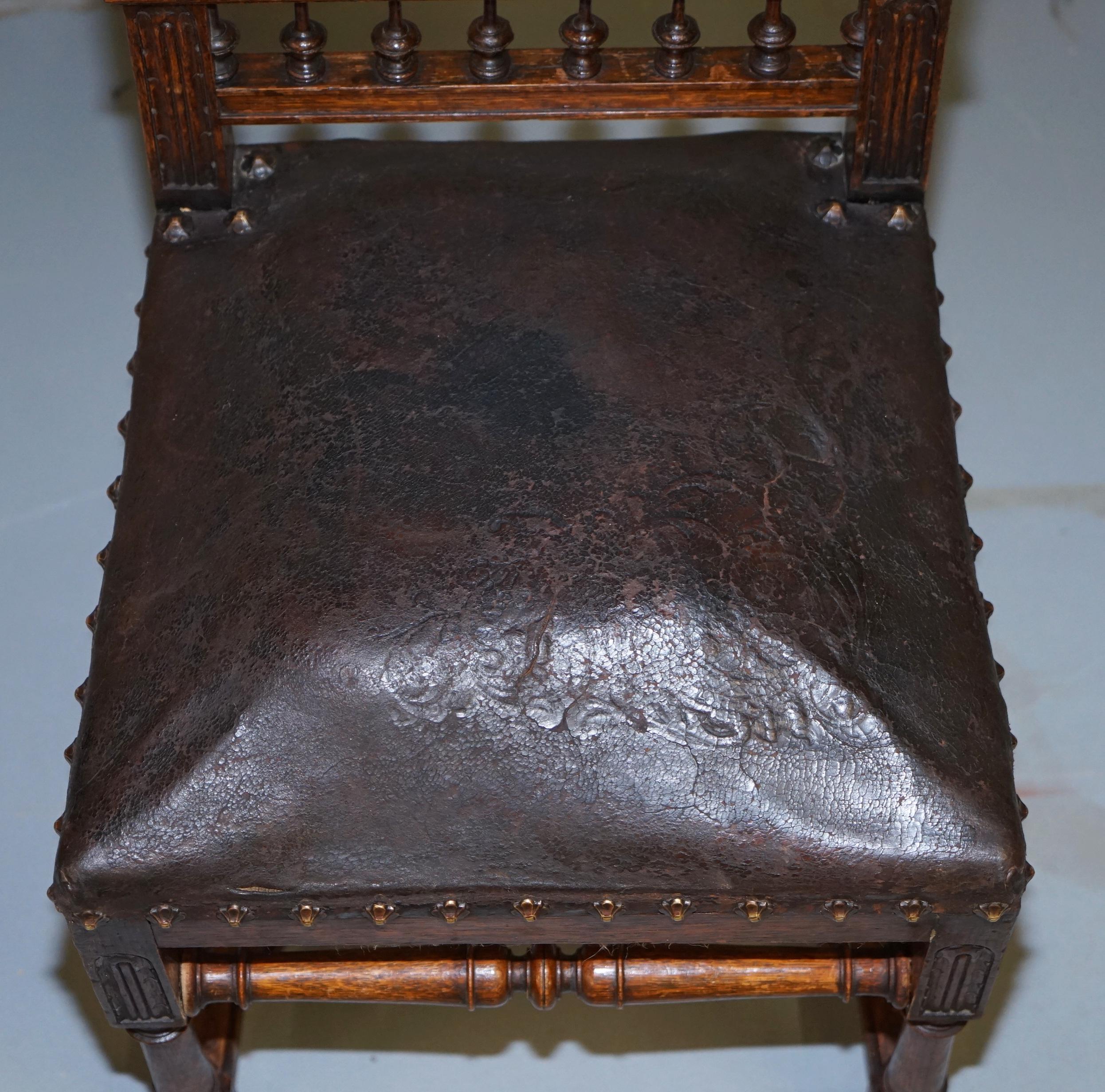 Set of Six Henry II circa 1880 French Oak & Embossed Leather Lion Dining Chairs For Sale 8