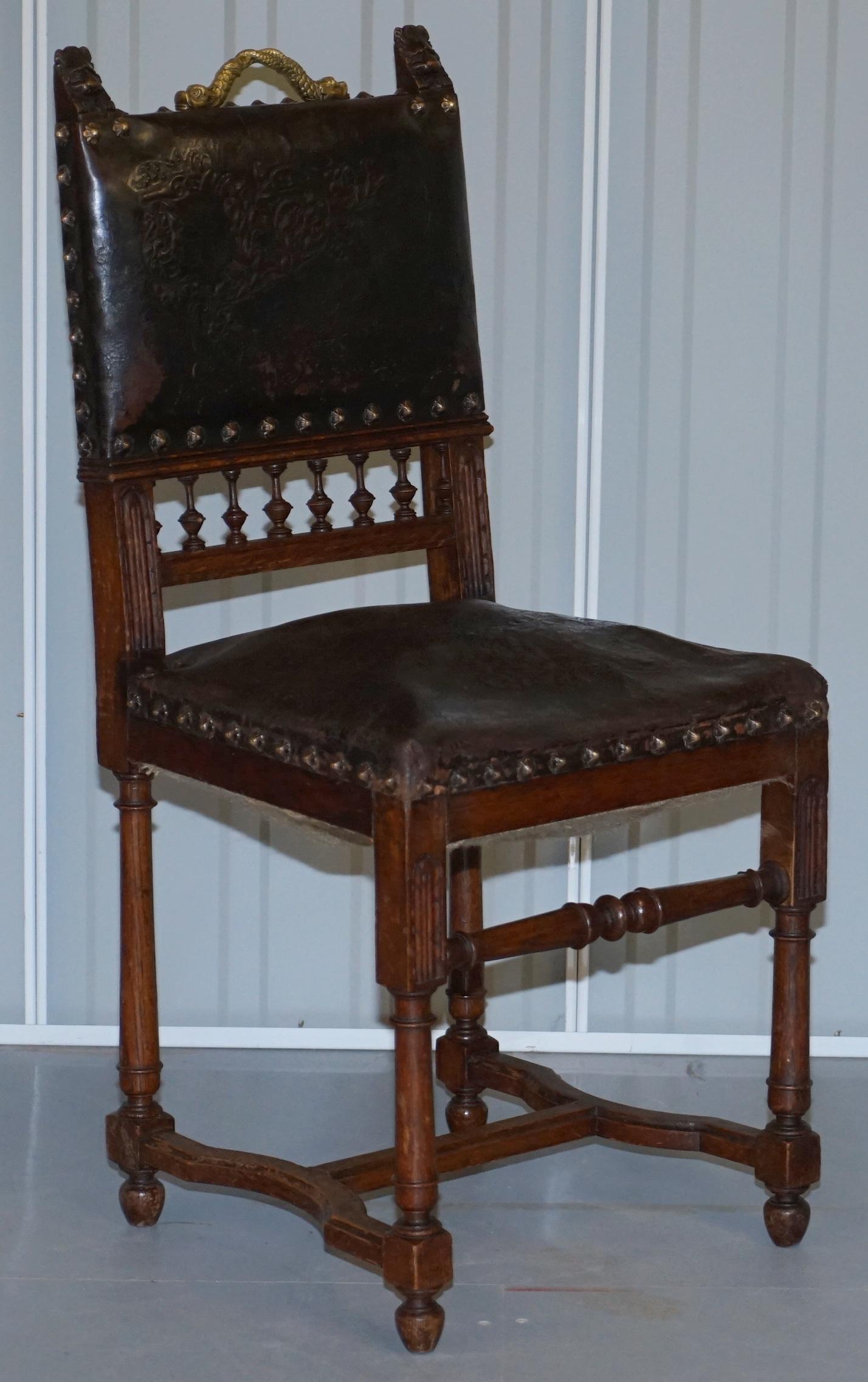 Set of Six Henry II circa 1880 French Oak & Embossed Leather Lion Dining Chairs For Sale 9