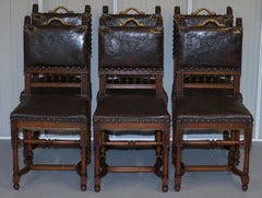 Set of Six Henry II circa 1880 French Oak & Embossed Leather Lion Dining Chairs