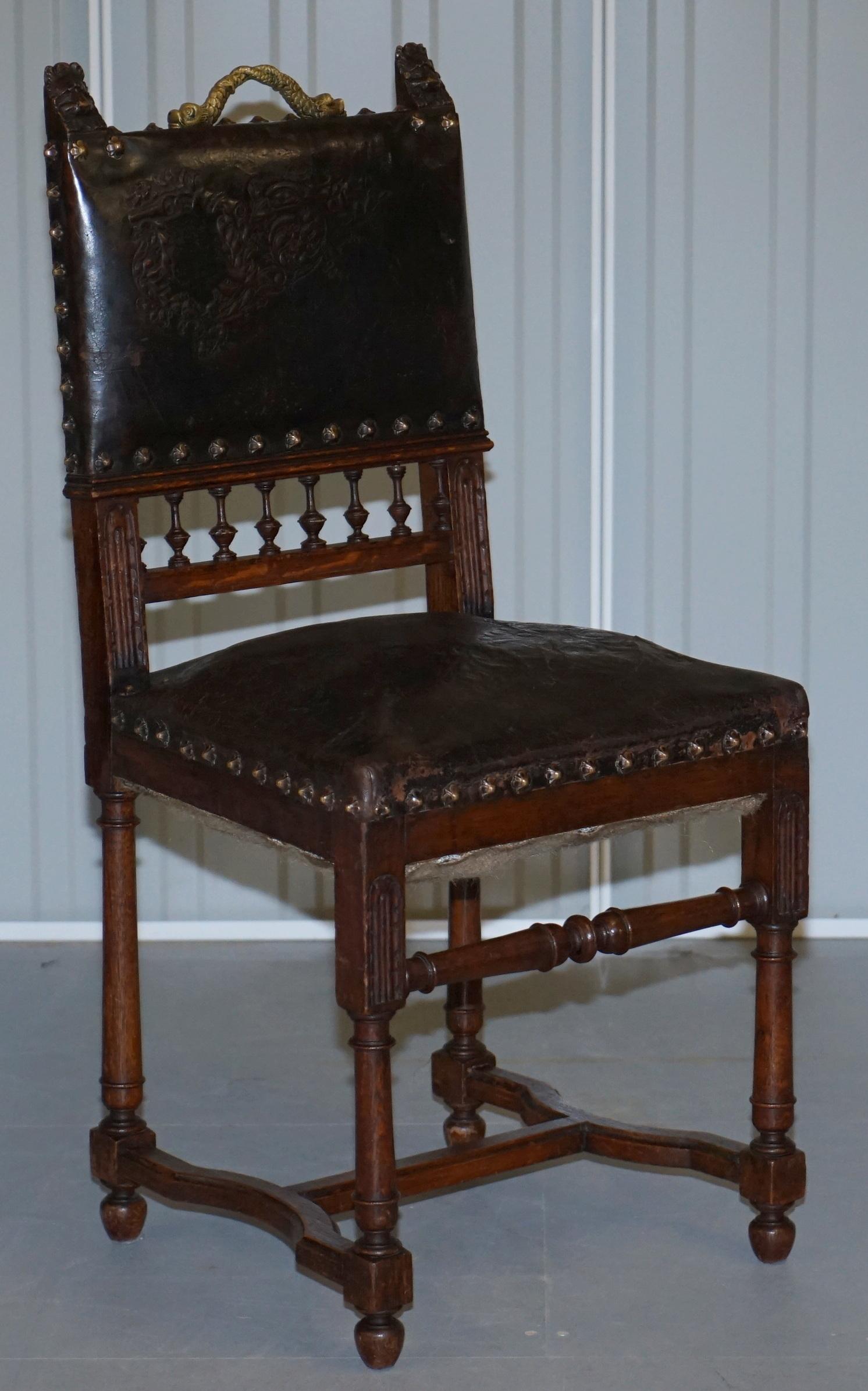 Set of Six Henry II circa 1880 French Oak & Embossed Leather Lion Dining Chairs For Sale 12