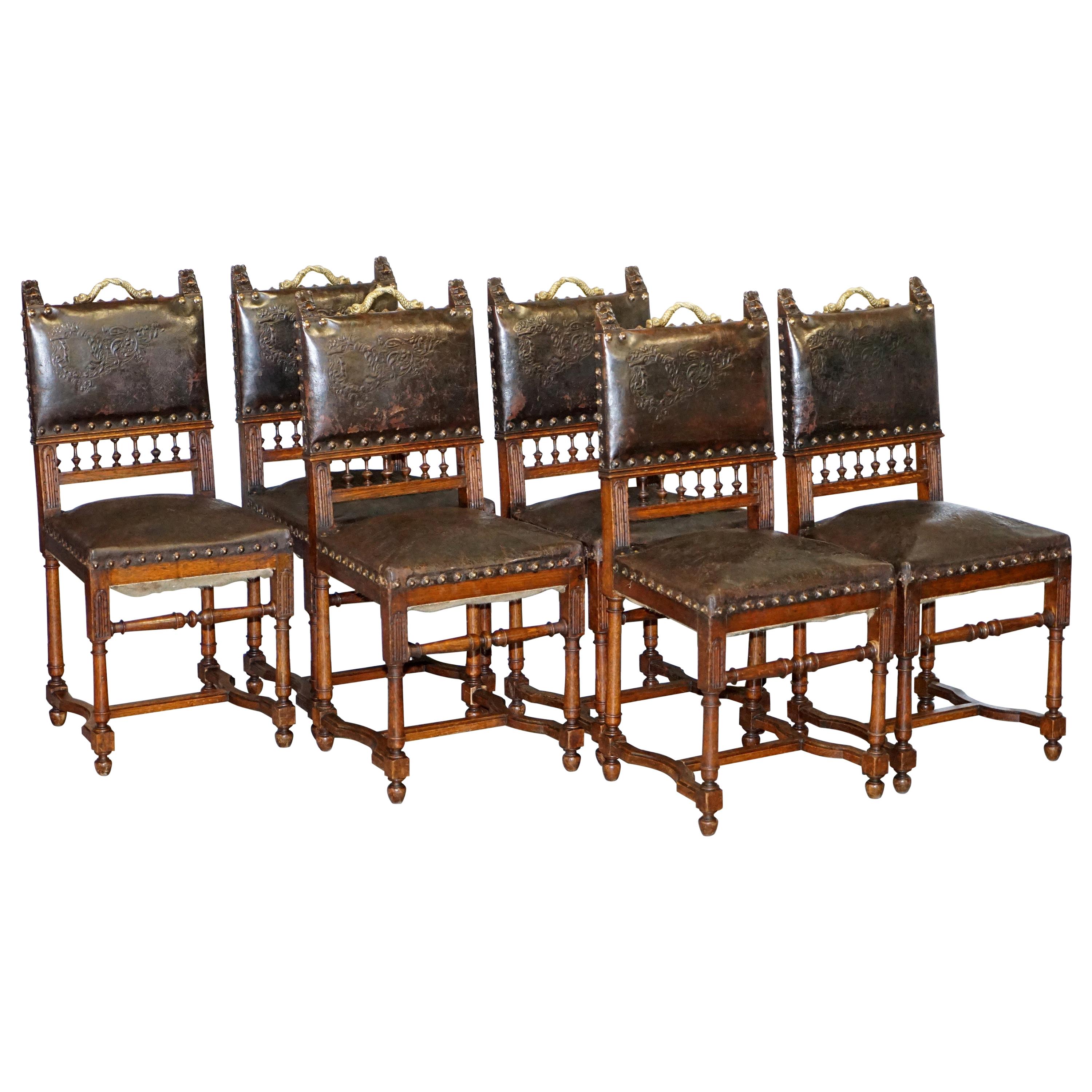 Set of Six Henry II circa 1880 French Oak & Embossed Leather Lion Dining Chairs For Sale