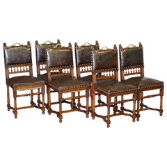 Set of Six Henry II circa 1880 French Oak & Embossed Leather Lion Dining Chairs