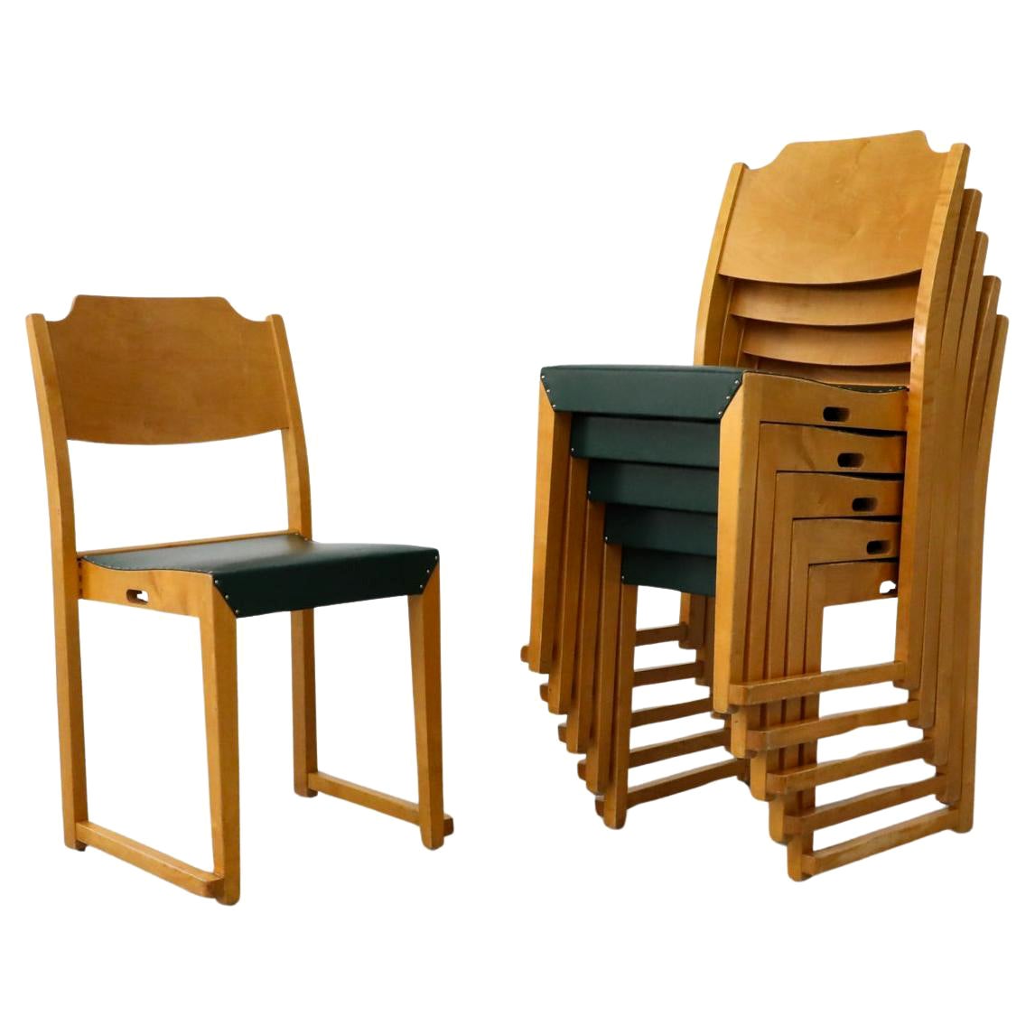 Set of Six Herman Seeck for Asko "Model 495" Stacking Chairs with Green Skai Sea For Sale