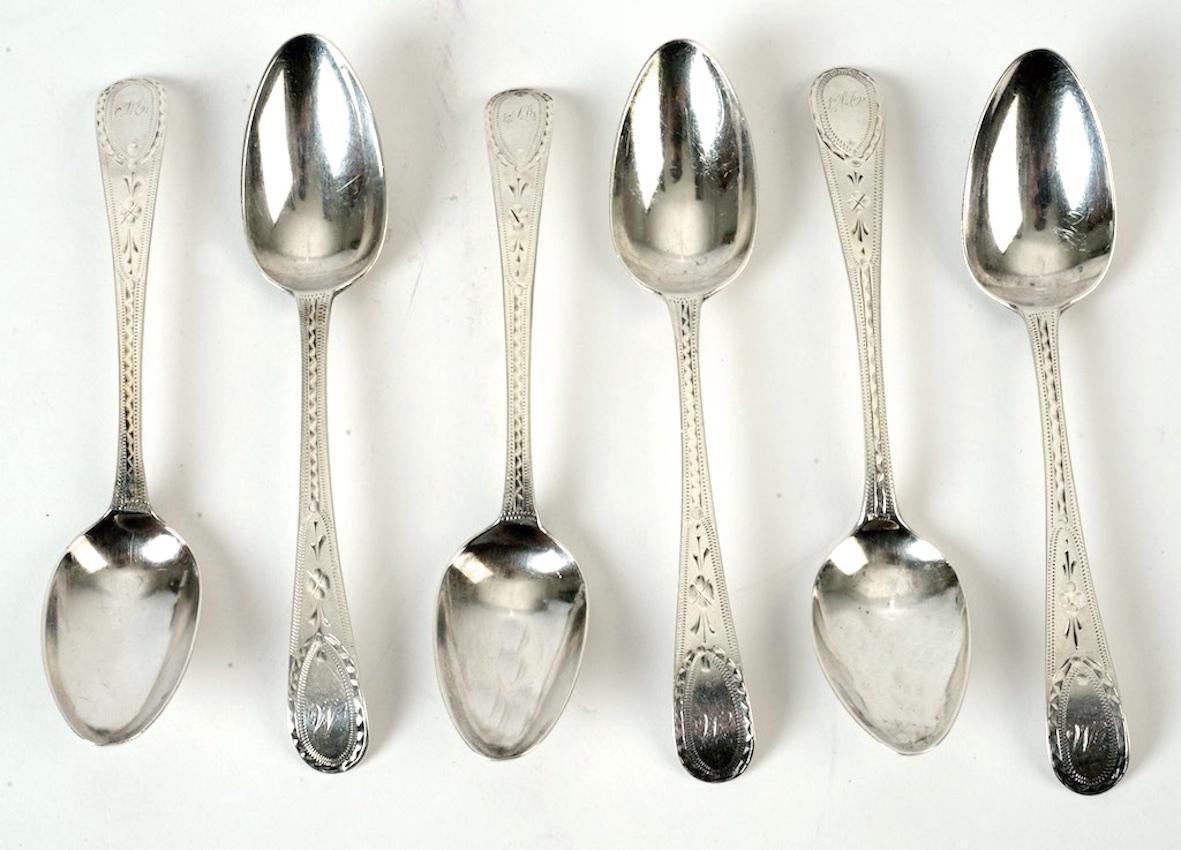 Set of Six Hester Bateman Geo III Silver Demitasse Spoons c1789-90. With bright cut decoration and a cartouche with the letter 