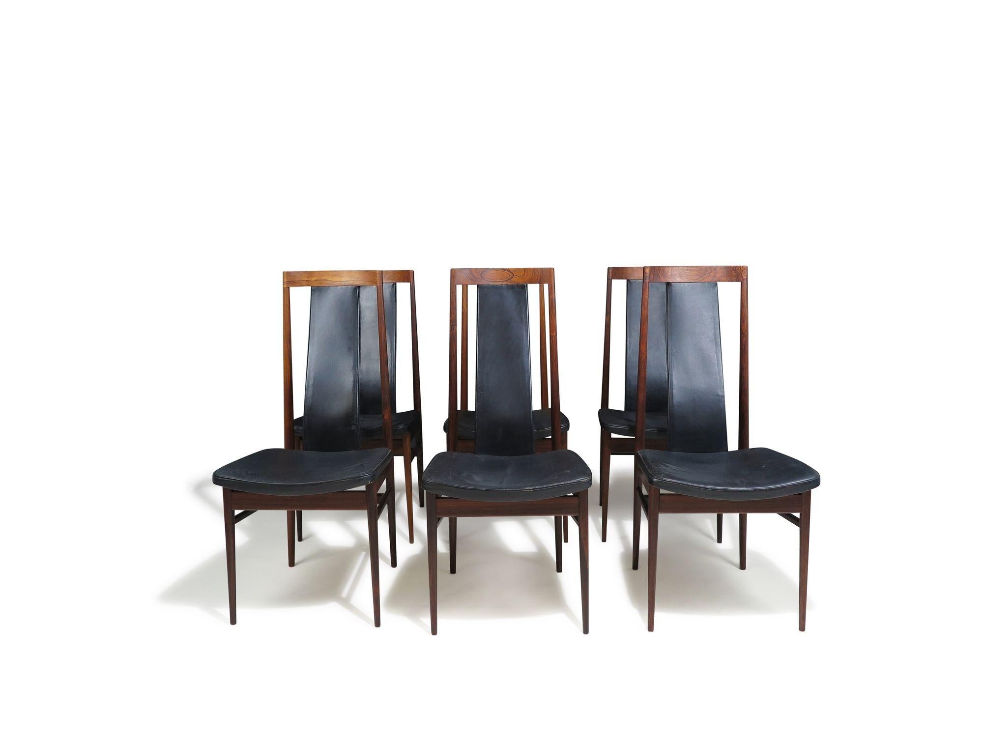 Set di sei sedie da pranzo con schienale alto in palissandro brasiliano  Scandinavo, anni '60 circa in vendita 3