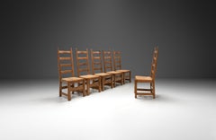 Set of Six High-Back Oak and Rush Dining Chairs, France ca 1950s