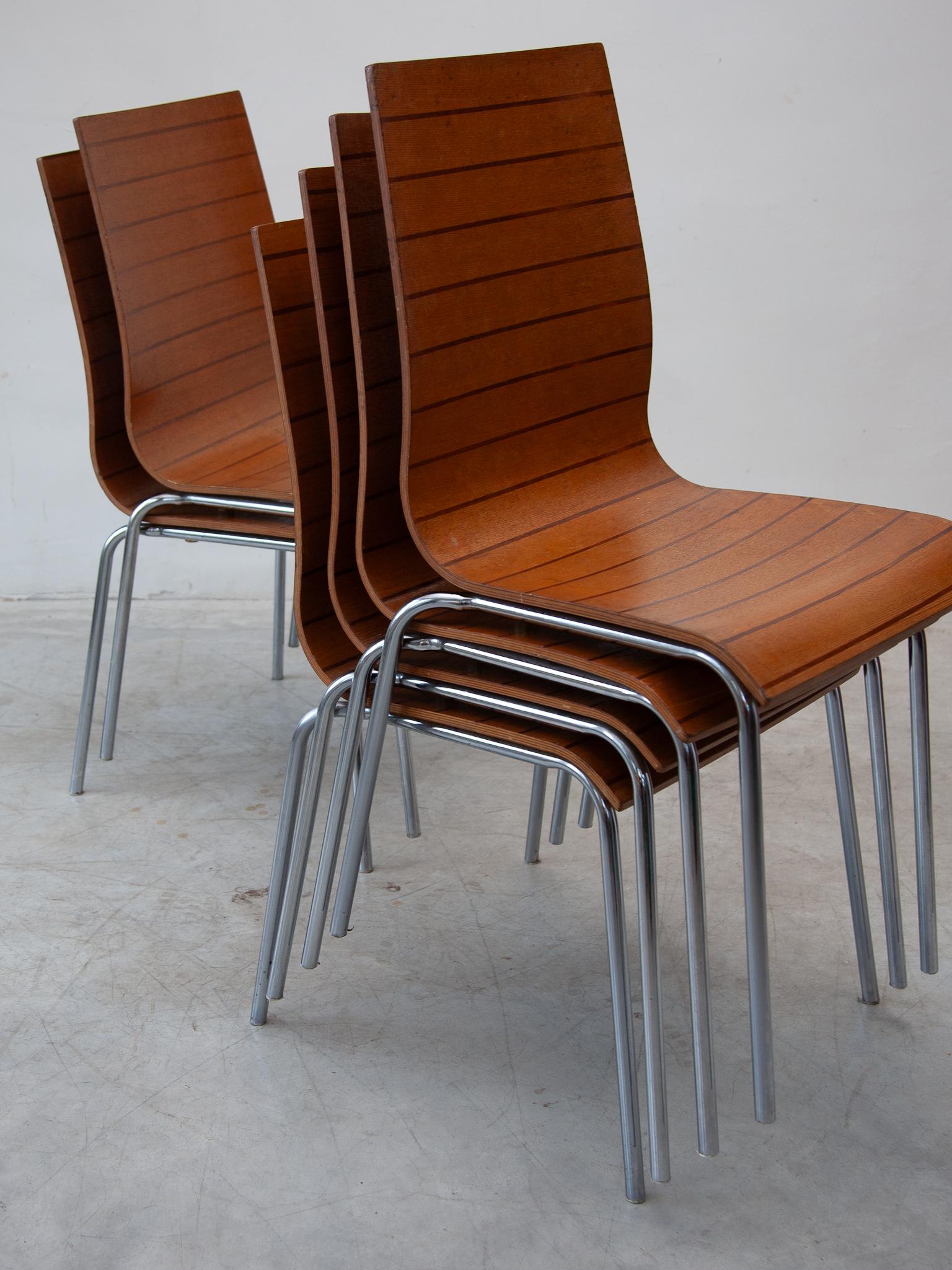 Set of Six High Back Stacking Plywood Chairs, 1980s For Sale 6