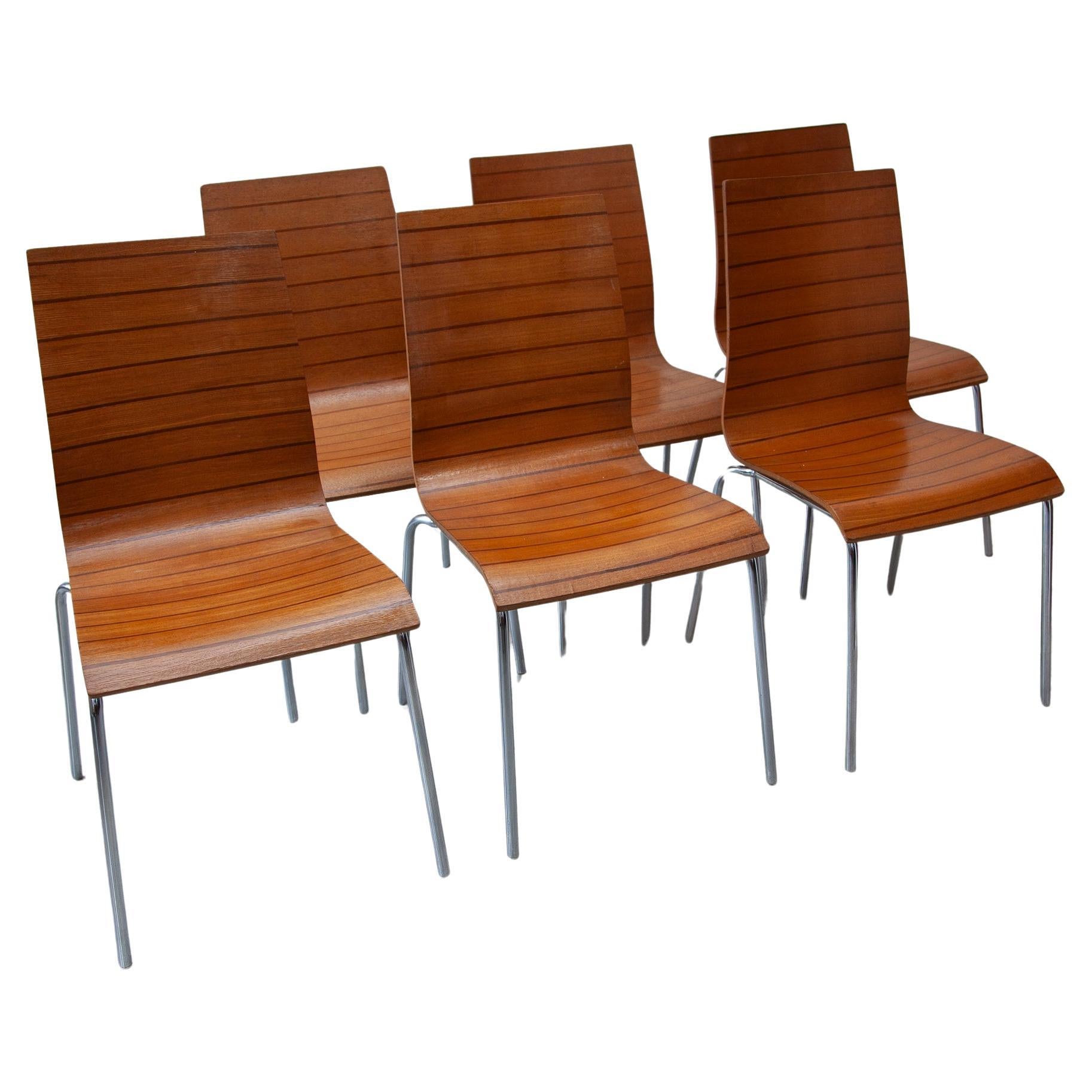 Set of Six High Back Stacking Plywood Chairs, 1980s