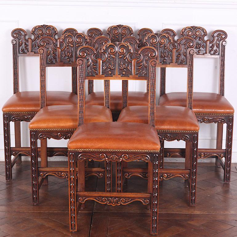 Renaissance Revival Set of Six Highly-Carved Walnut Dining Chairs