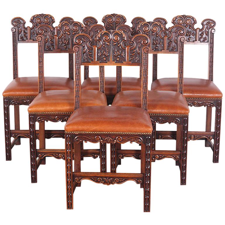 Set of Six Highly-Carved Walnut Dining Chairs