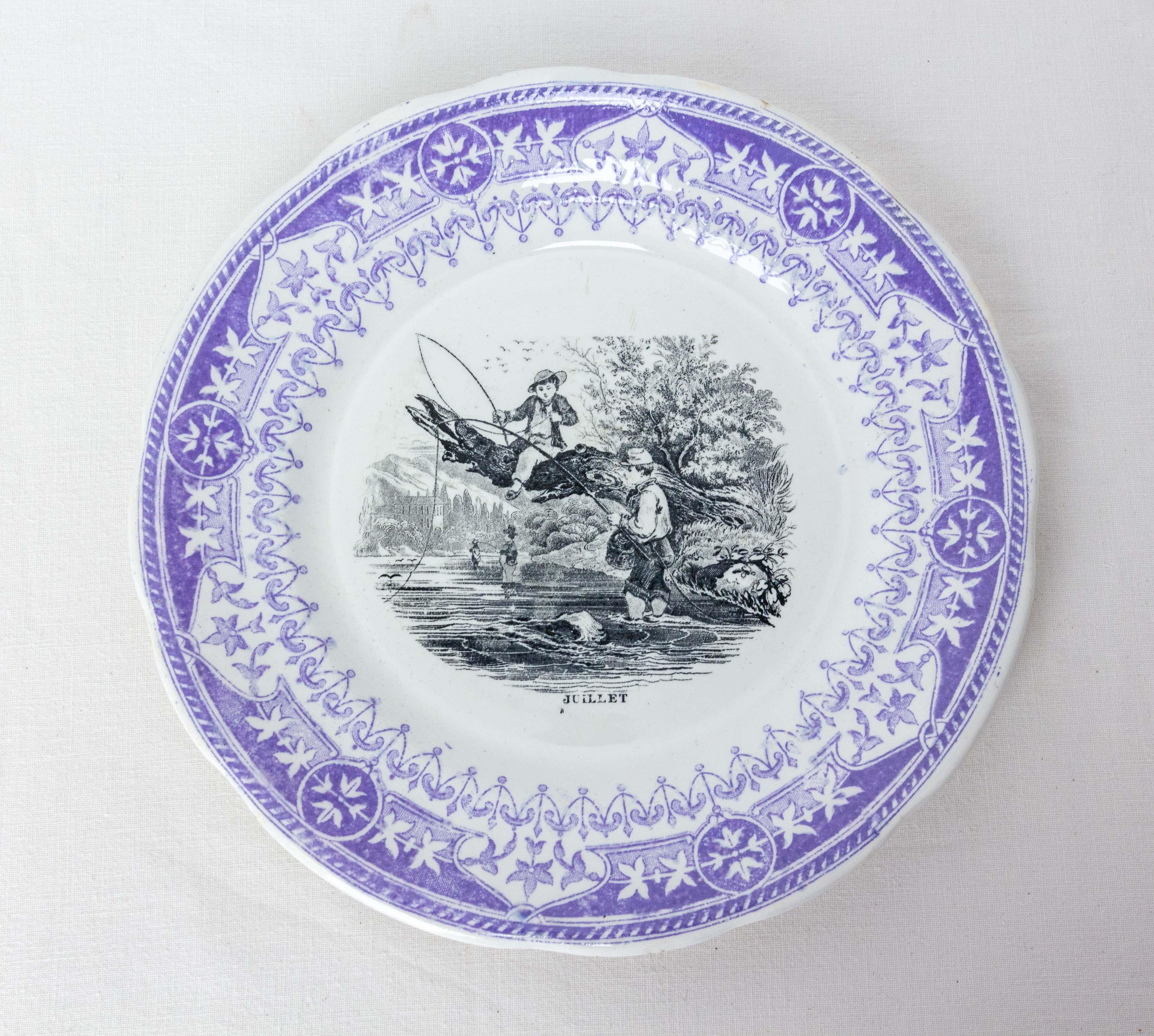Romantic Set of Six Historized Months Family Scenes Faience Plates, France 19th C For Sale