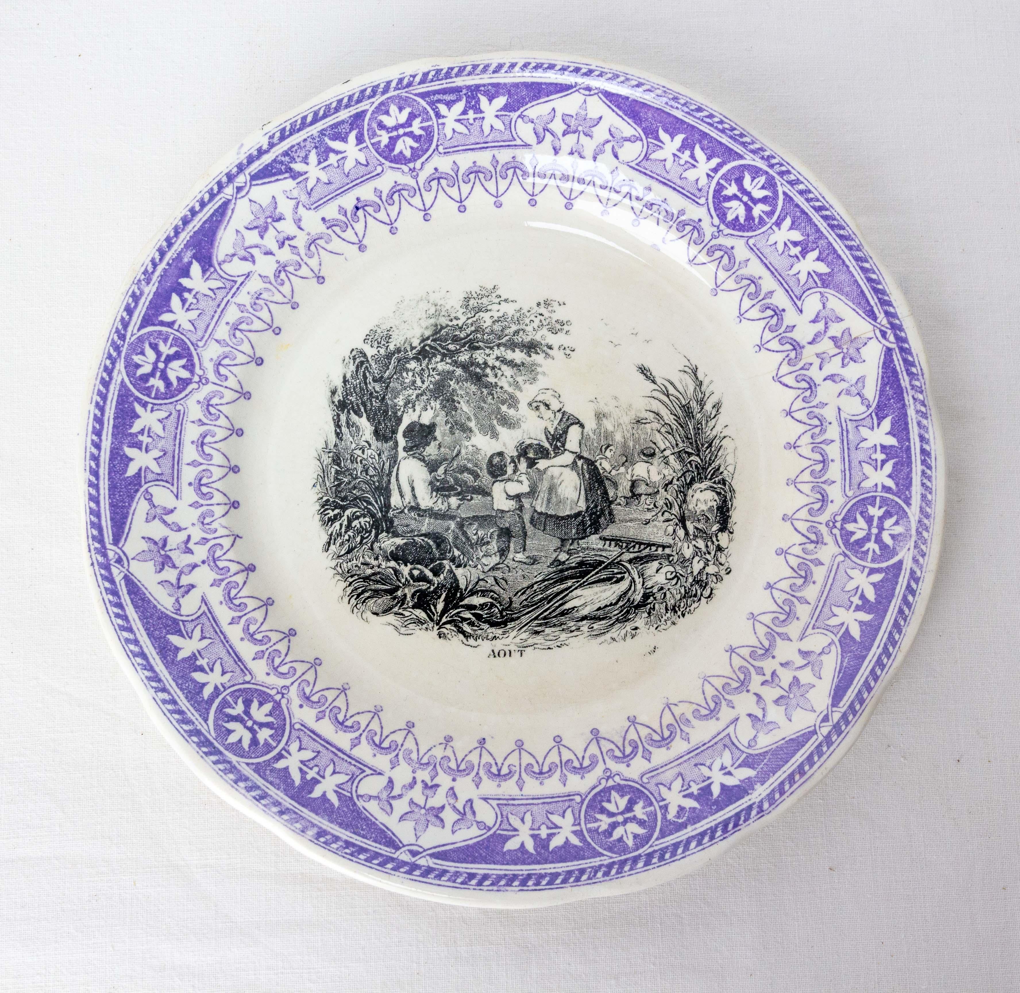 French Set of Six Historized Months Family Scenes Faience Plates, France 19th C For Sale