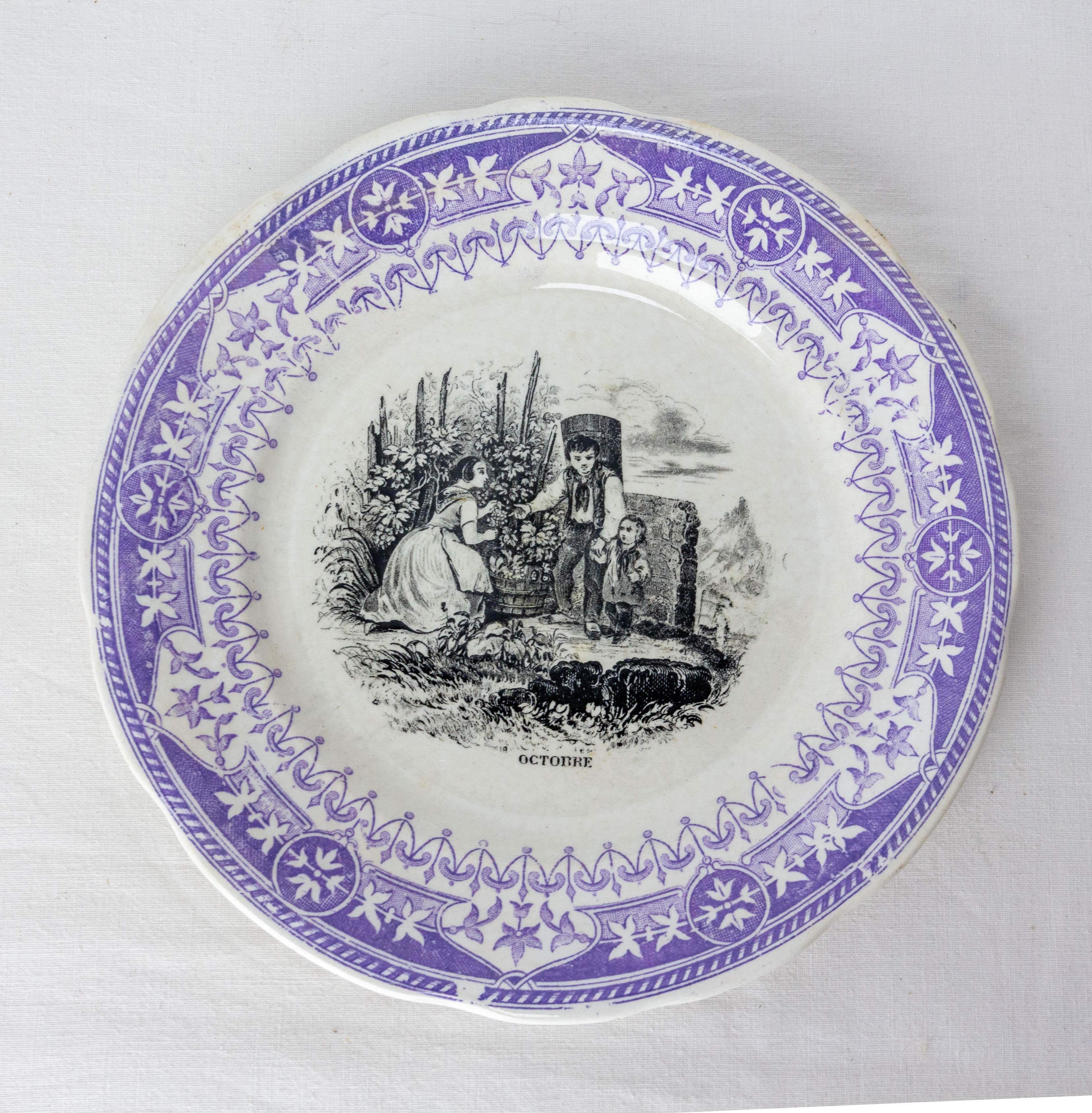 19th Century Set of Six Historized Months Family Scenes Faience Plates, France 19th C For Sale