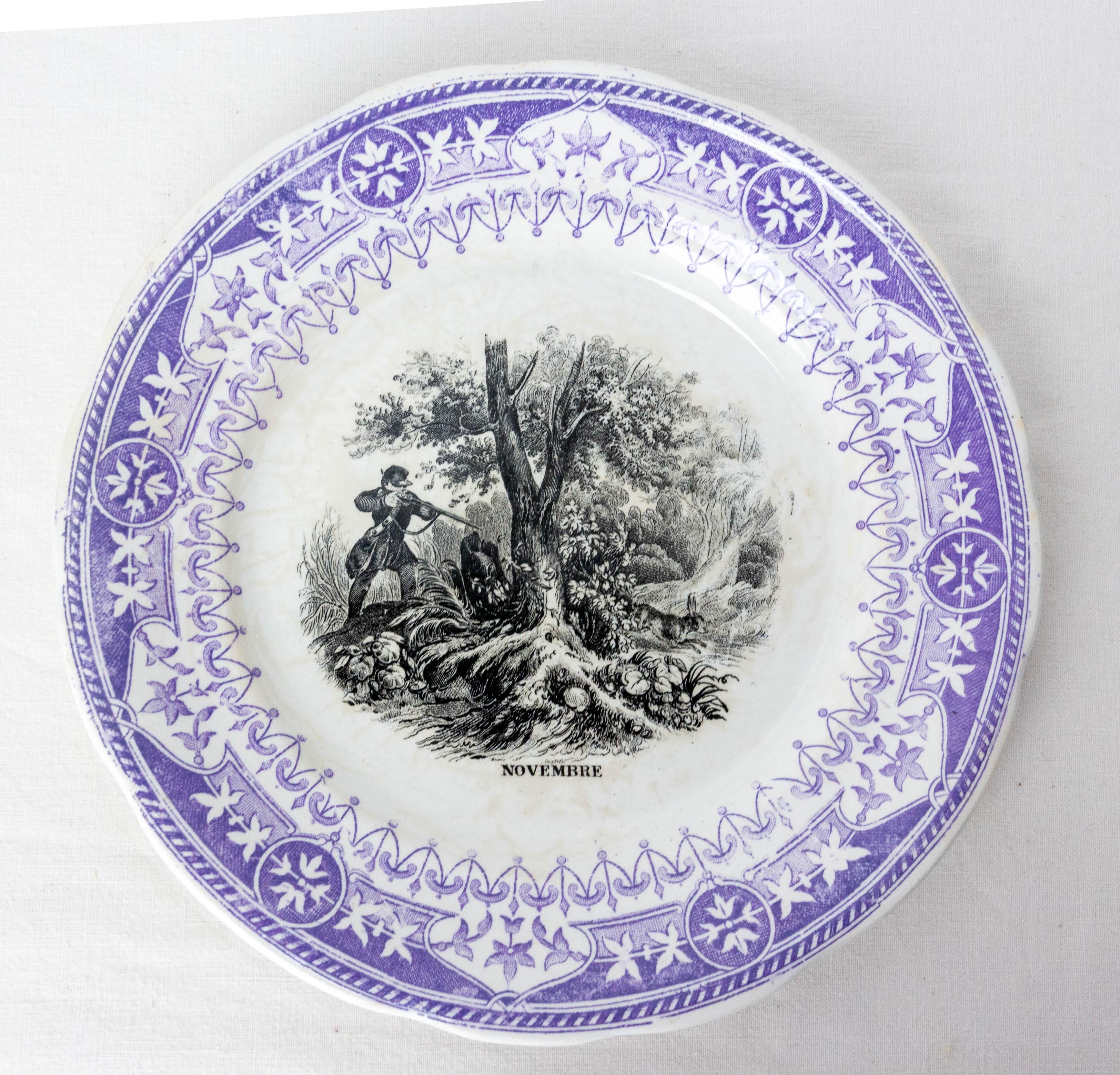 Set of Six Historized Months Family Scenes Faience Plates, France 19th C For Sale 1