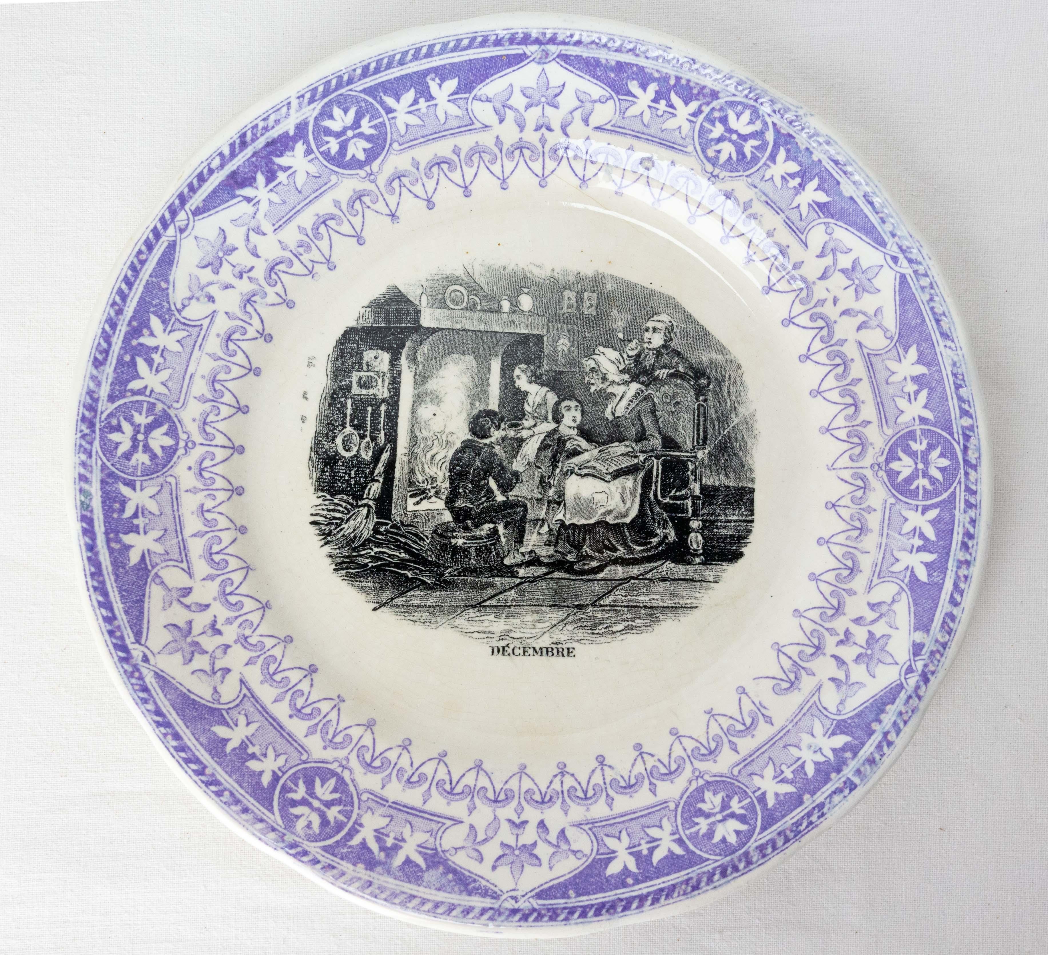 Set of Six Historized Months Family Scenes Faience Plates, France 19th C For Sale 2