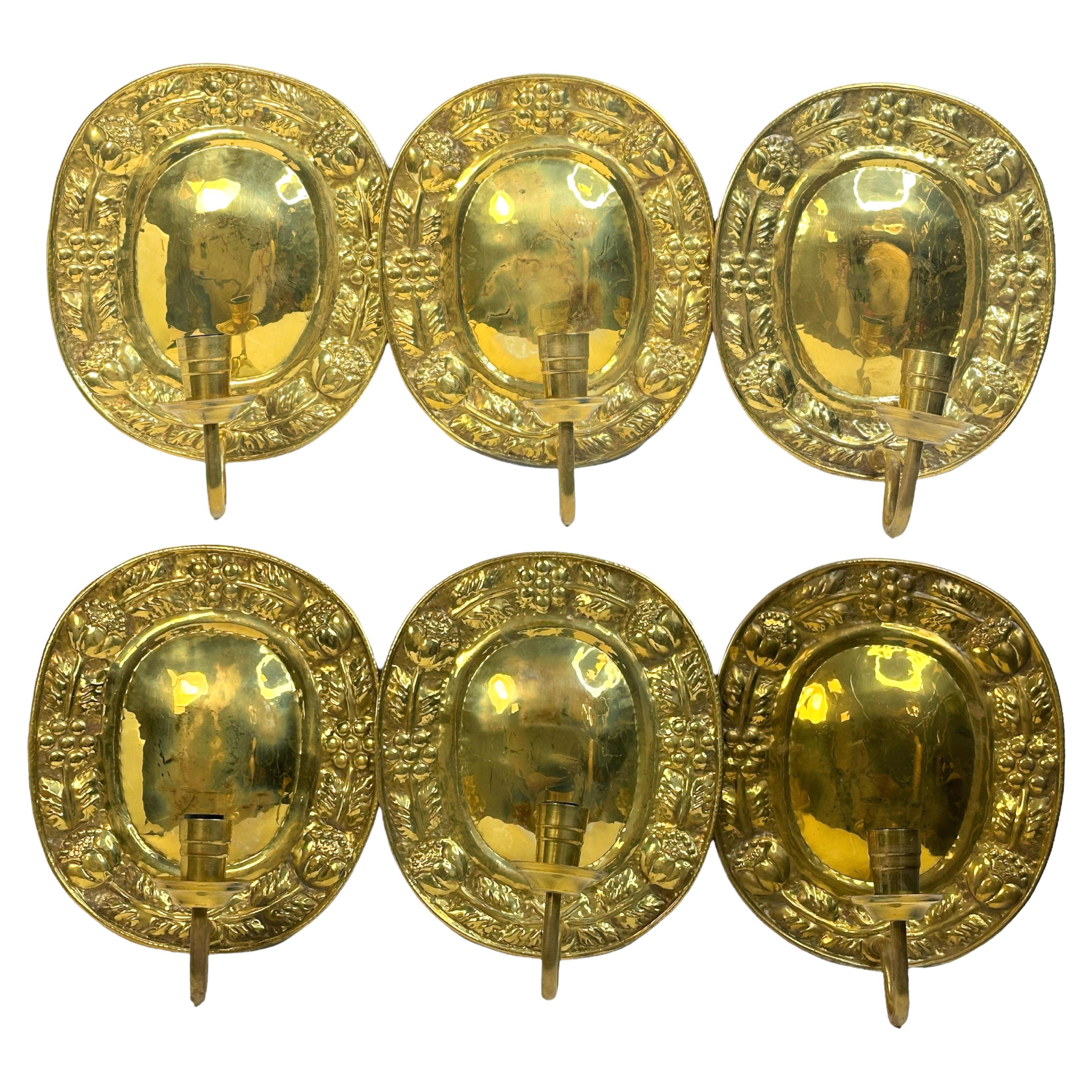 Set of Six Hollywood Regency Brass Wall Candle Sconces Flower Motif, 1920s
