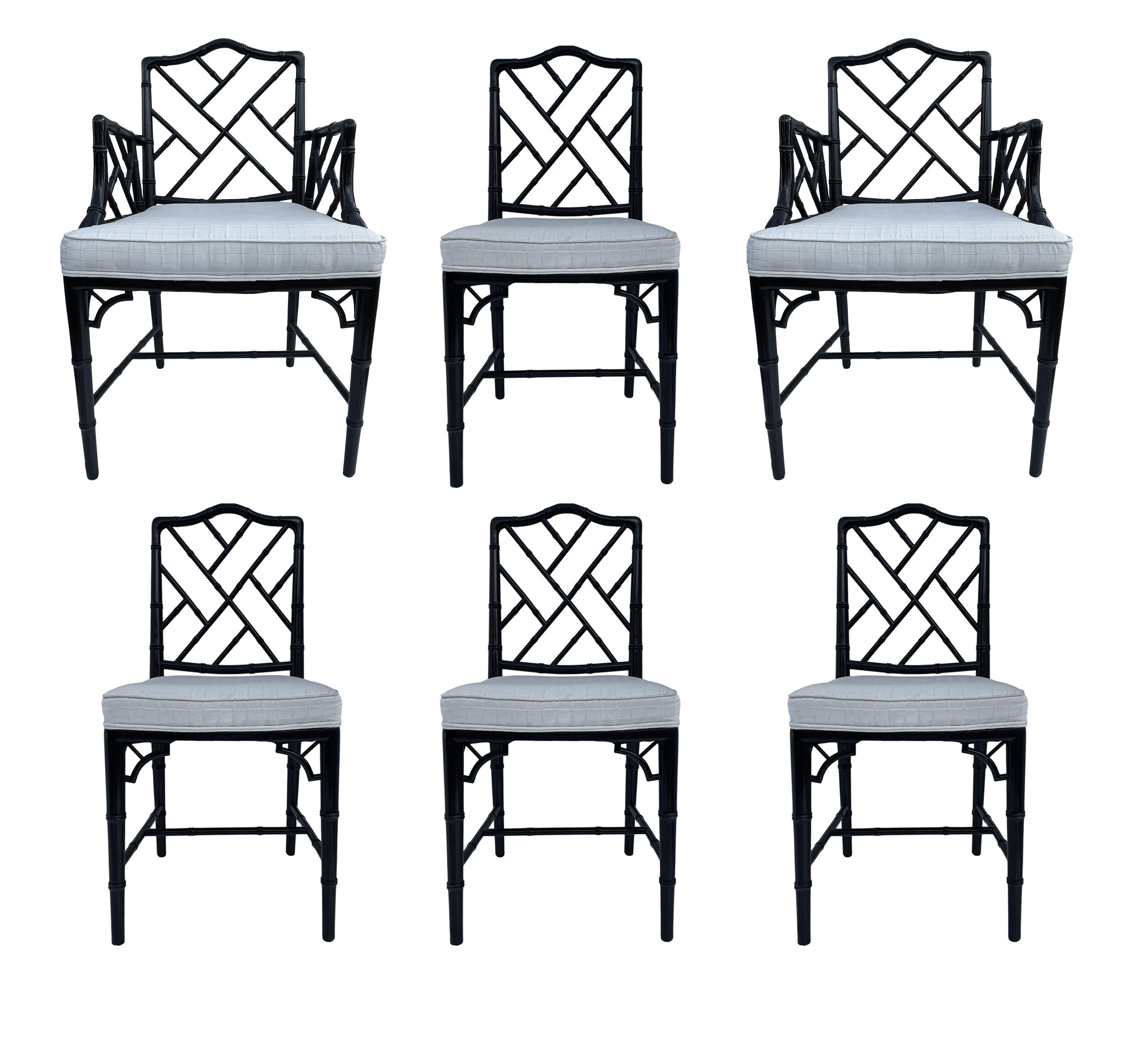 Fabric Set of Six Hollywood Regency Faux Bamboo Chinoiserie Dining Chairs in Black