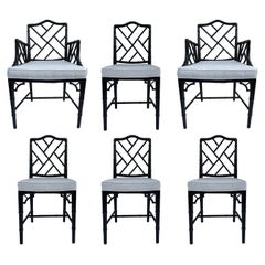 Set of Six Hollywood Regency Faux Bamboo Chinoiserie Dining Chairs in Black