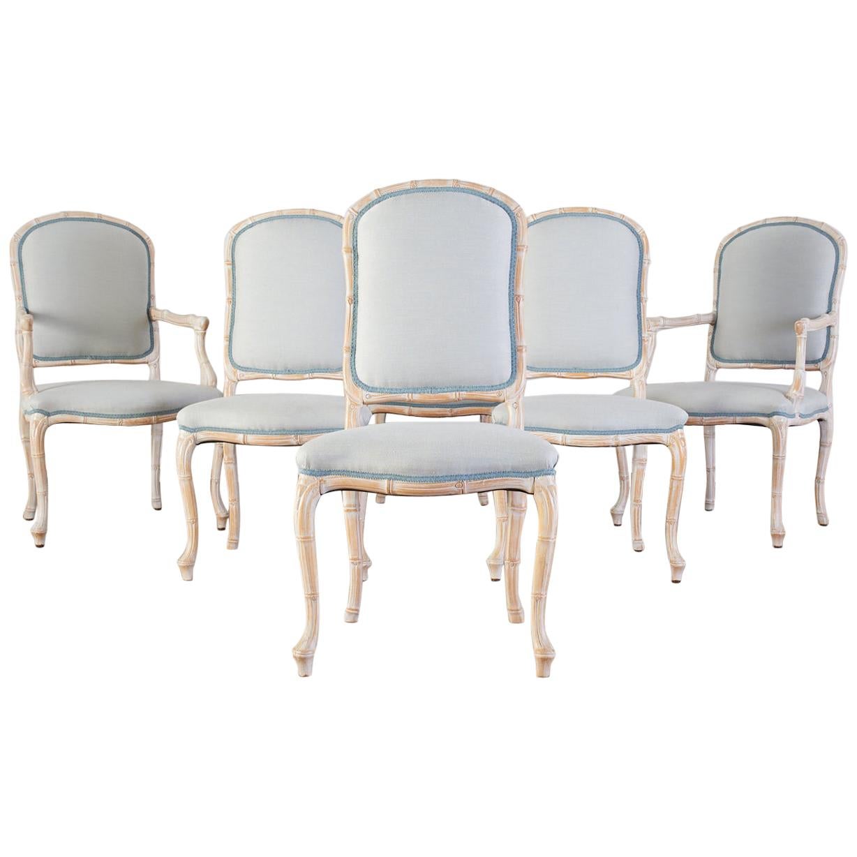 Set of Six Hollywood Regency Faux Bamboo Dining Chairs