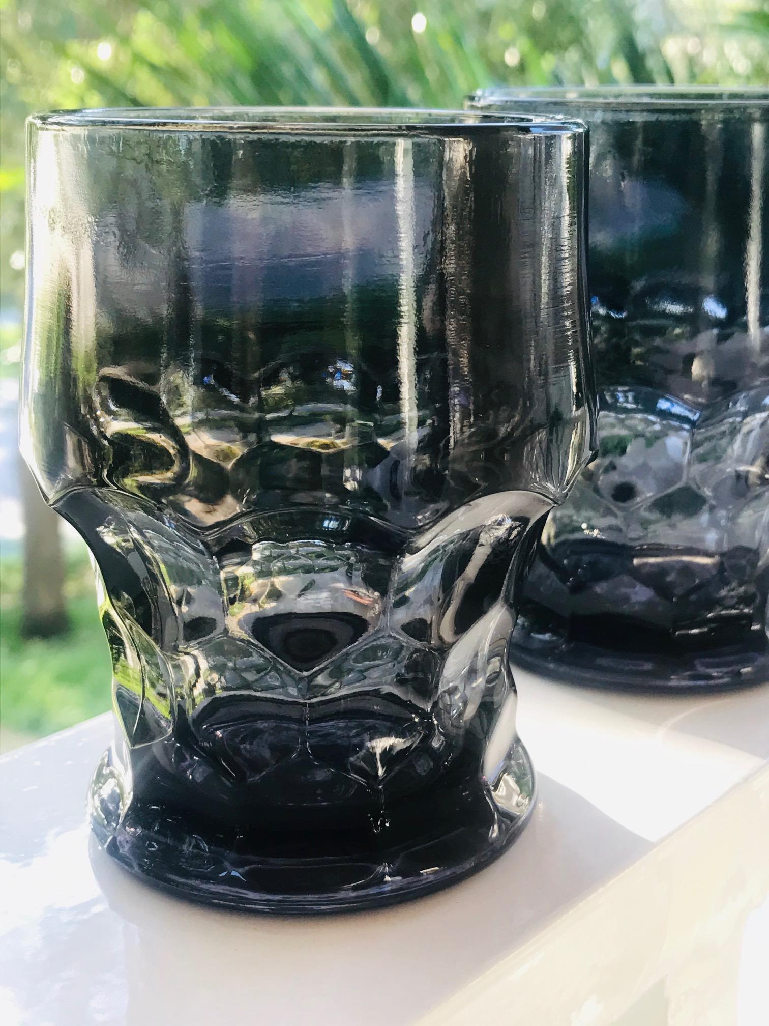 Art Glass Set of Six Hollywood Regency Gothic Style Barware Glasses in Black, circa 1960s