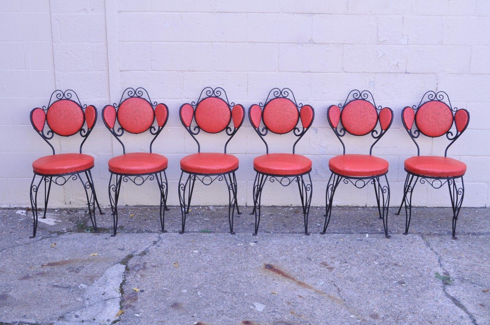 Set of Six Hollywood Regency Red Wrought Iron Ice Cream Parlor Dining Chairs 6