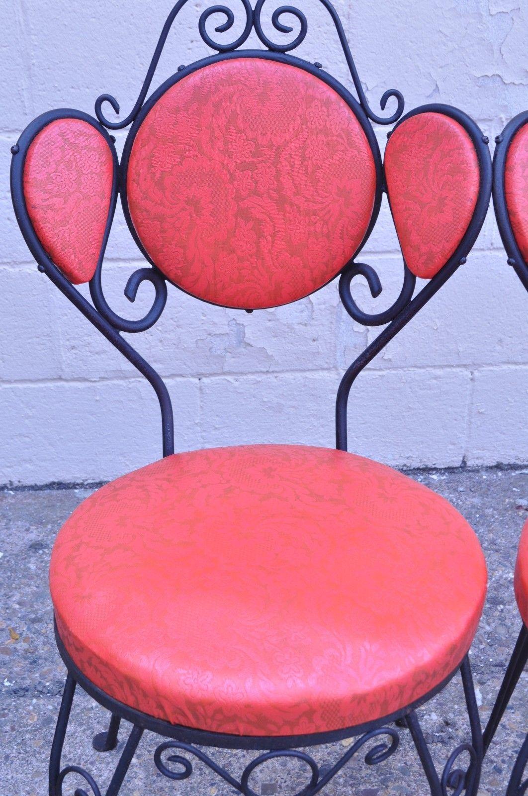 Mid-20th Century Set of Six Hollywood Regency Red Wrought Iron Ice Cream Parlor Dining Chairs