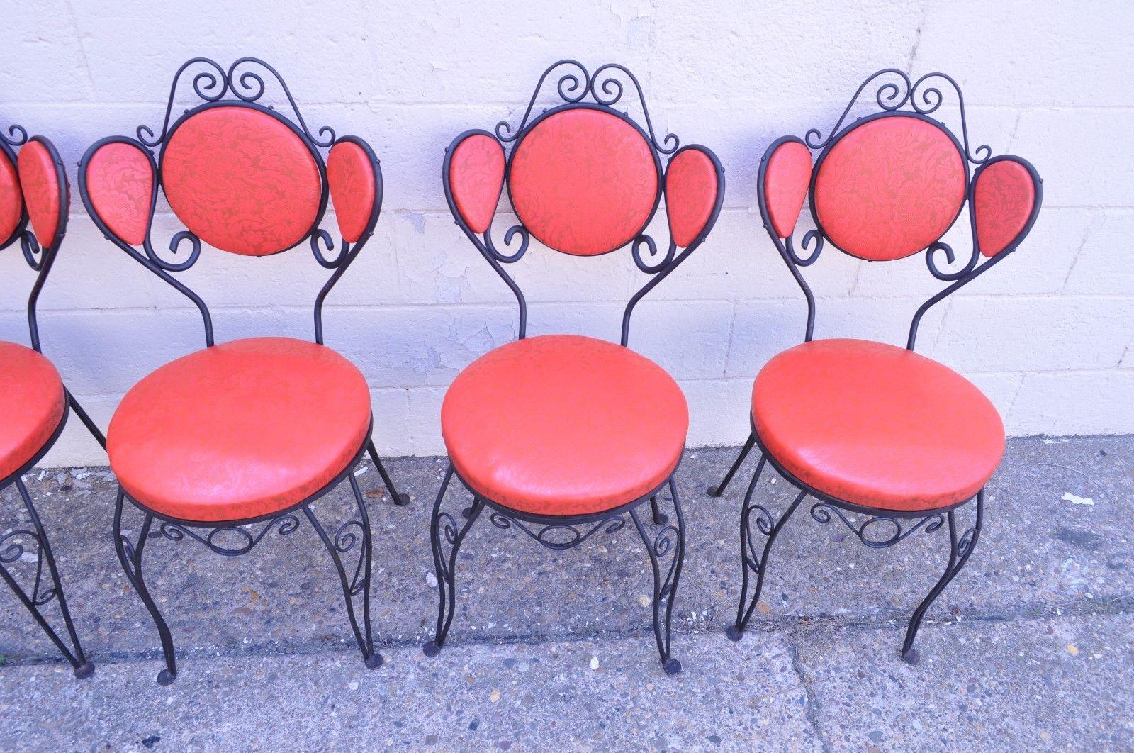 Naugahyde Set of Six Hollywood Regency Red Wrought Iron Ice Cream Parlor Dining Chairs