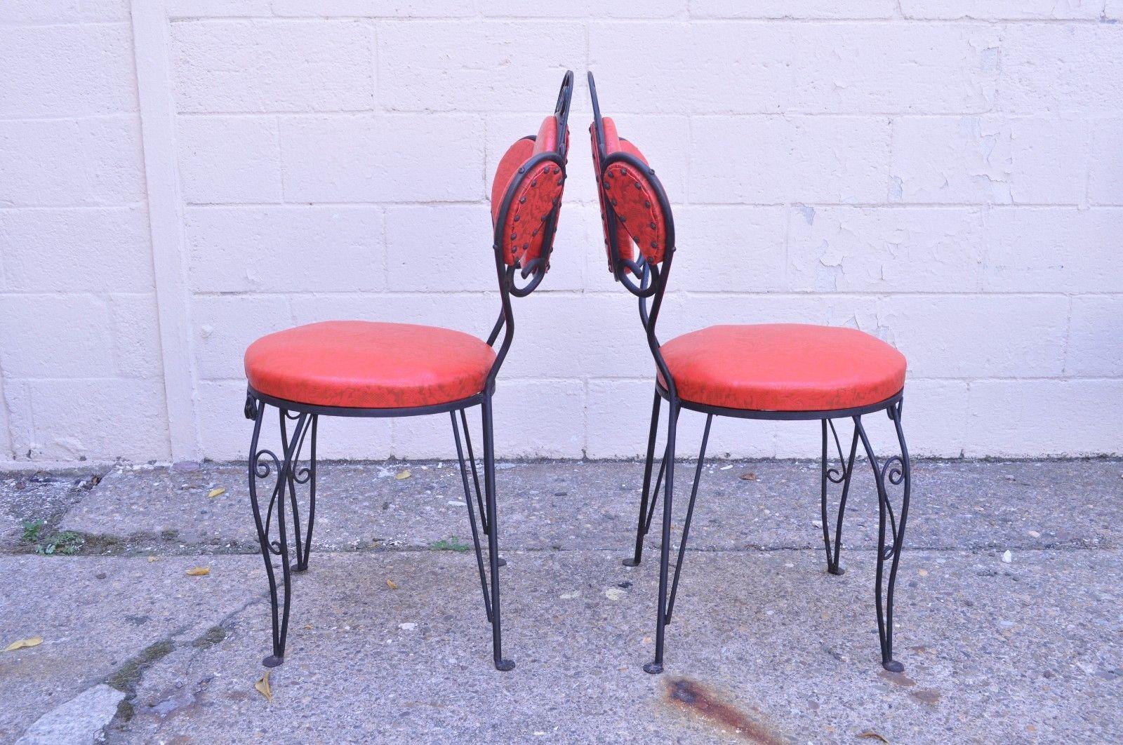 Set of Six Hollywood Regency Red Wrought Iron Ice Cream Parlor Dining Chairs 1