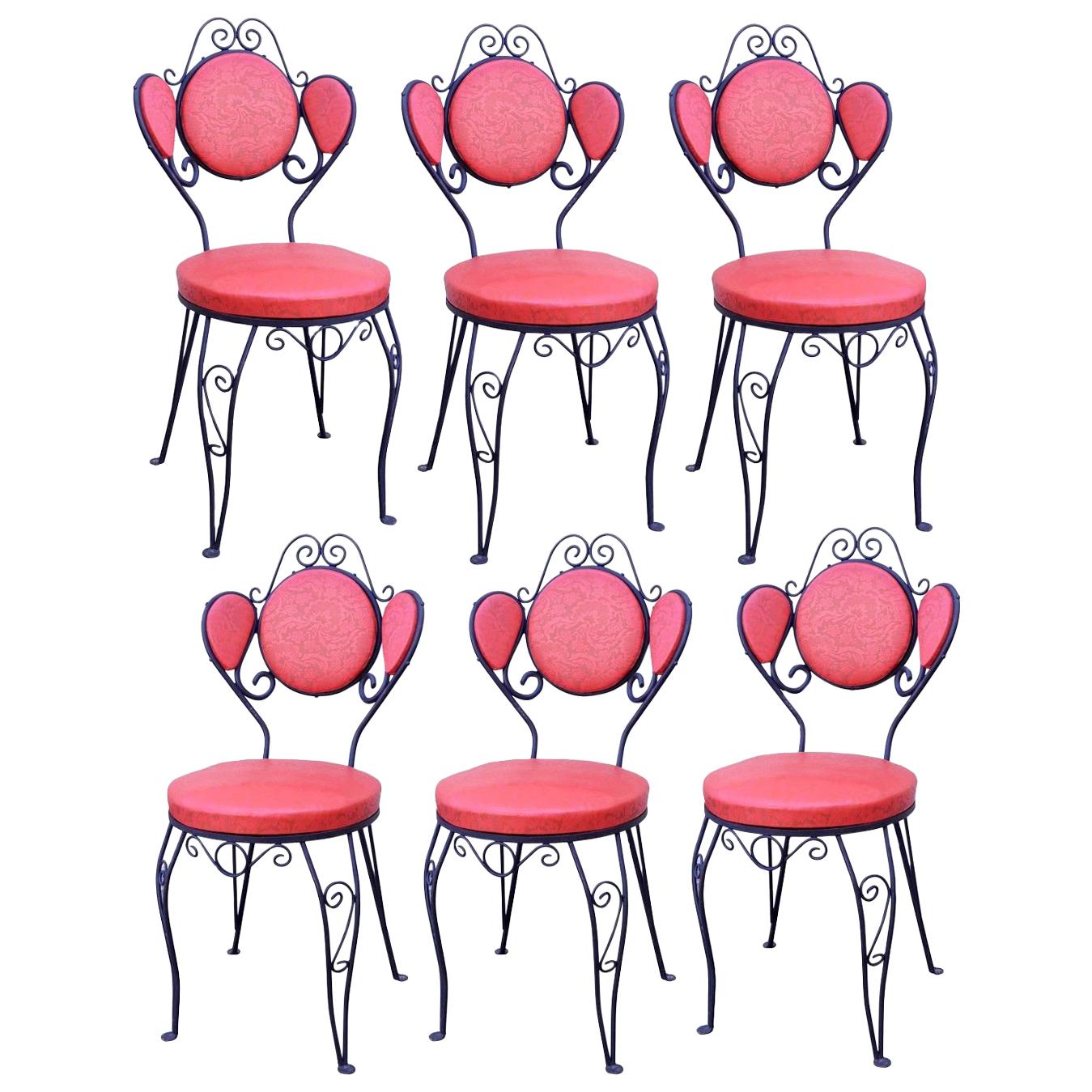 Set of Six Hollywood Regency Red Wrought Iron Ice Cream Parlor Dining Chairs