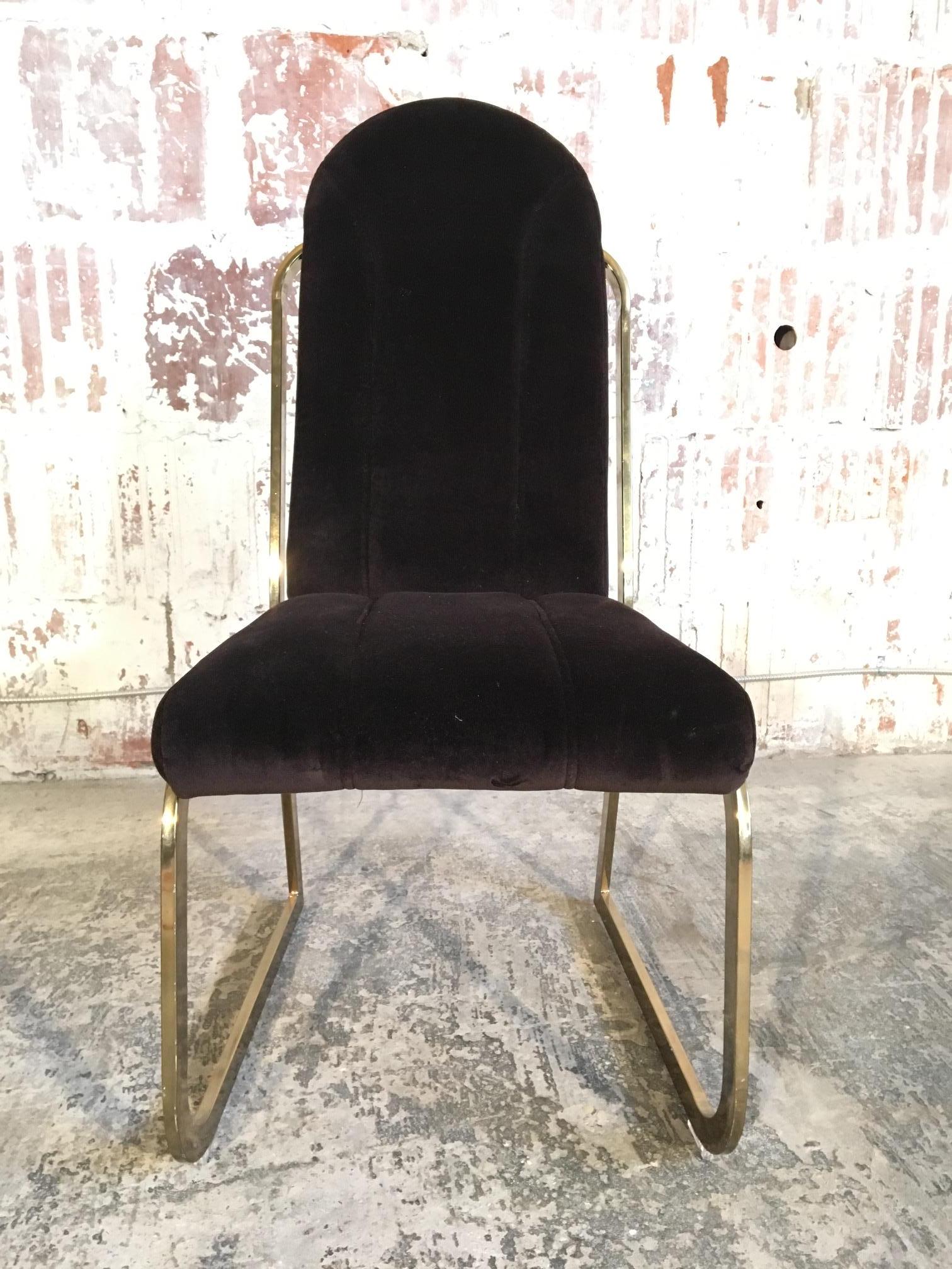 Late 20th Century Set of Six Hollywood Regency Velvet and Brass Dining Chairs